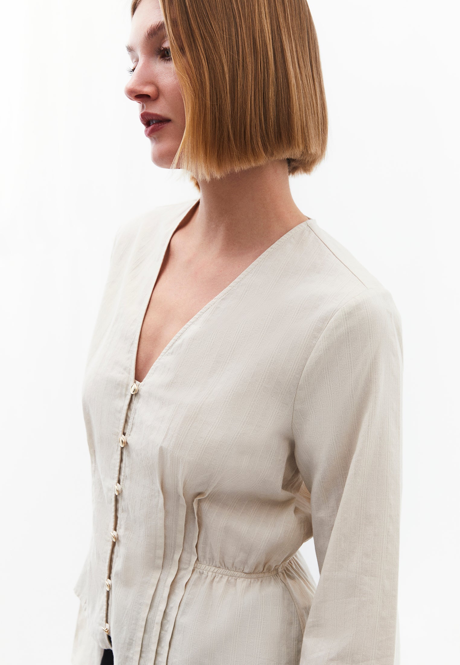 Slim Fit Blouse With Mandarin Collar And Long Sleeves - SILVER BIRCH