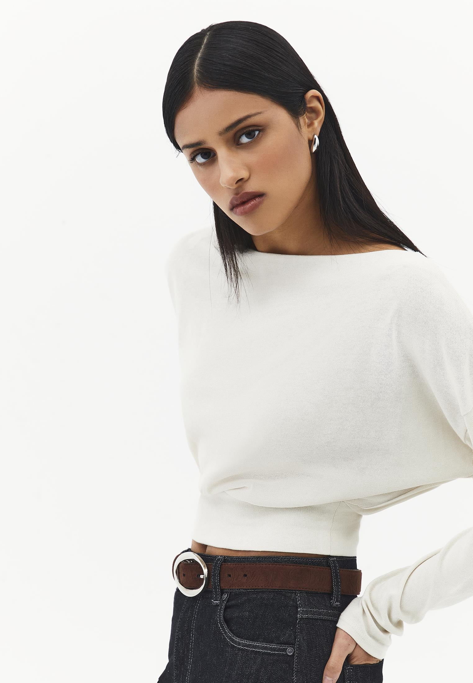 Boat Neck Long Sleeve Sweater - SILVER BIRCH