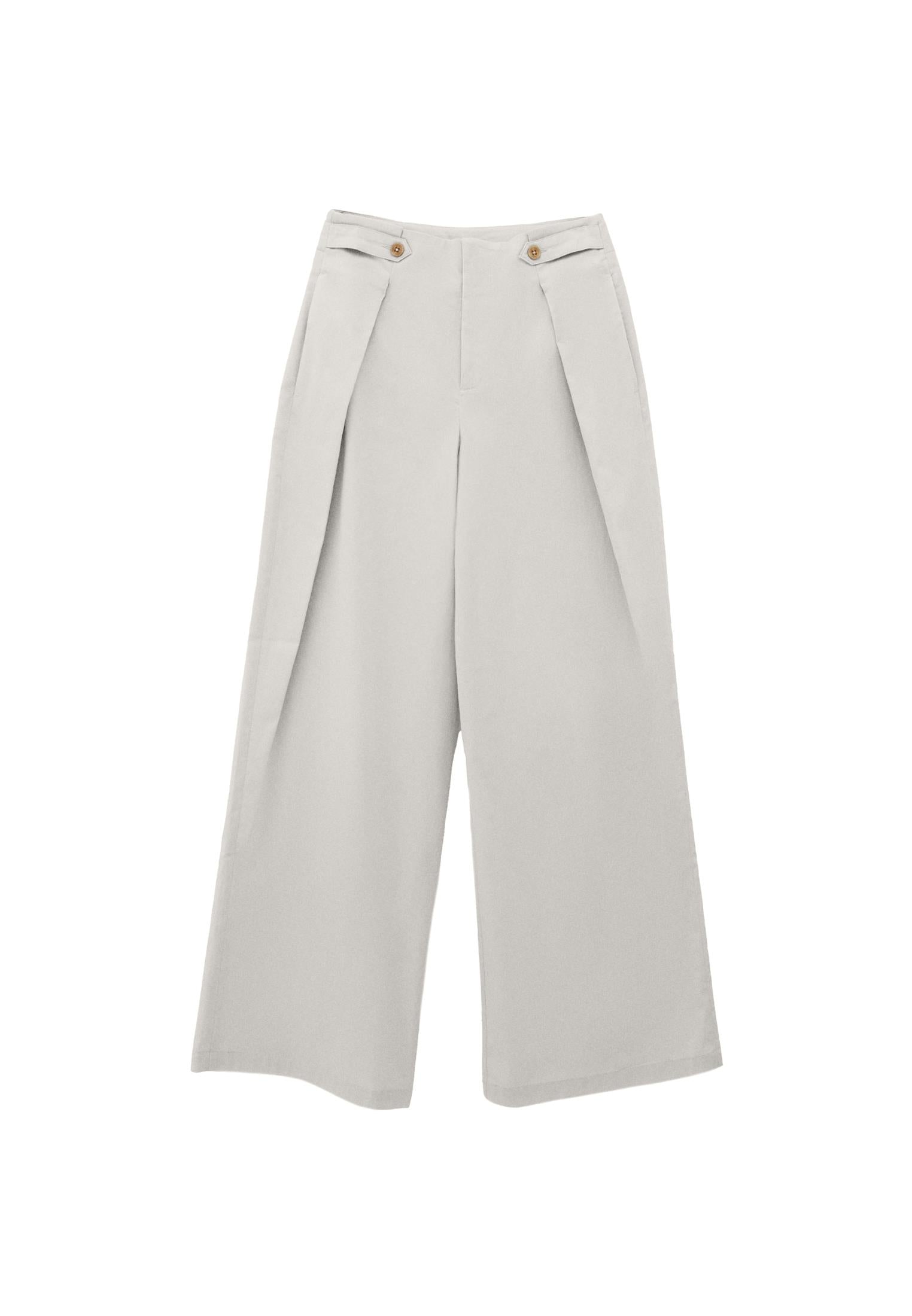 Pleated High Waist Trousers With Button Details - SILVER BIRCH