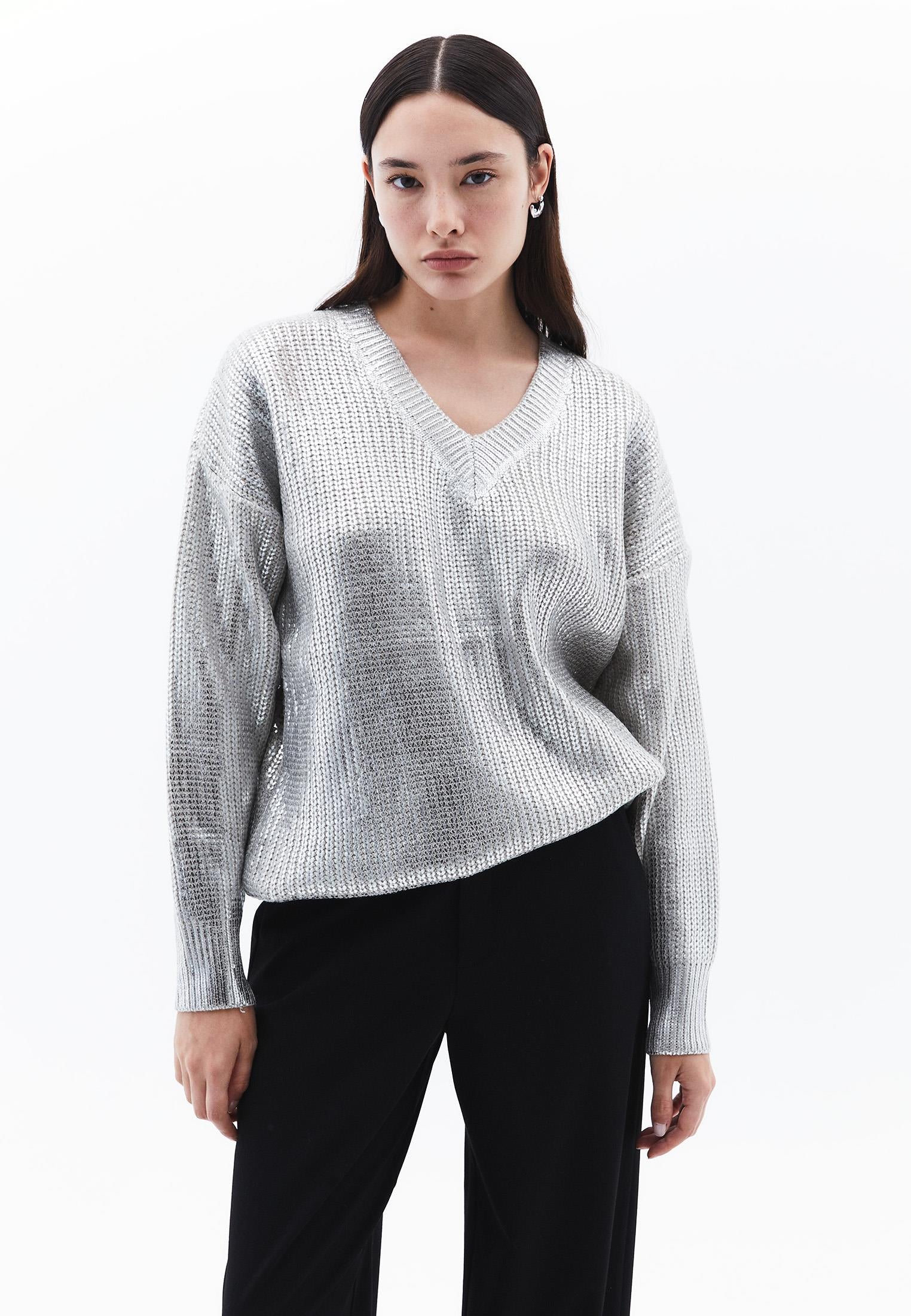 Loose Sweater With V Neck - SILVER