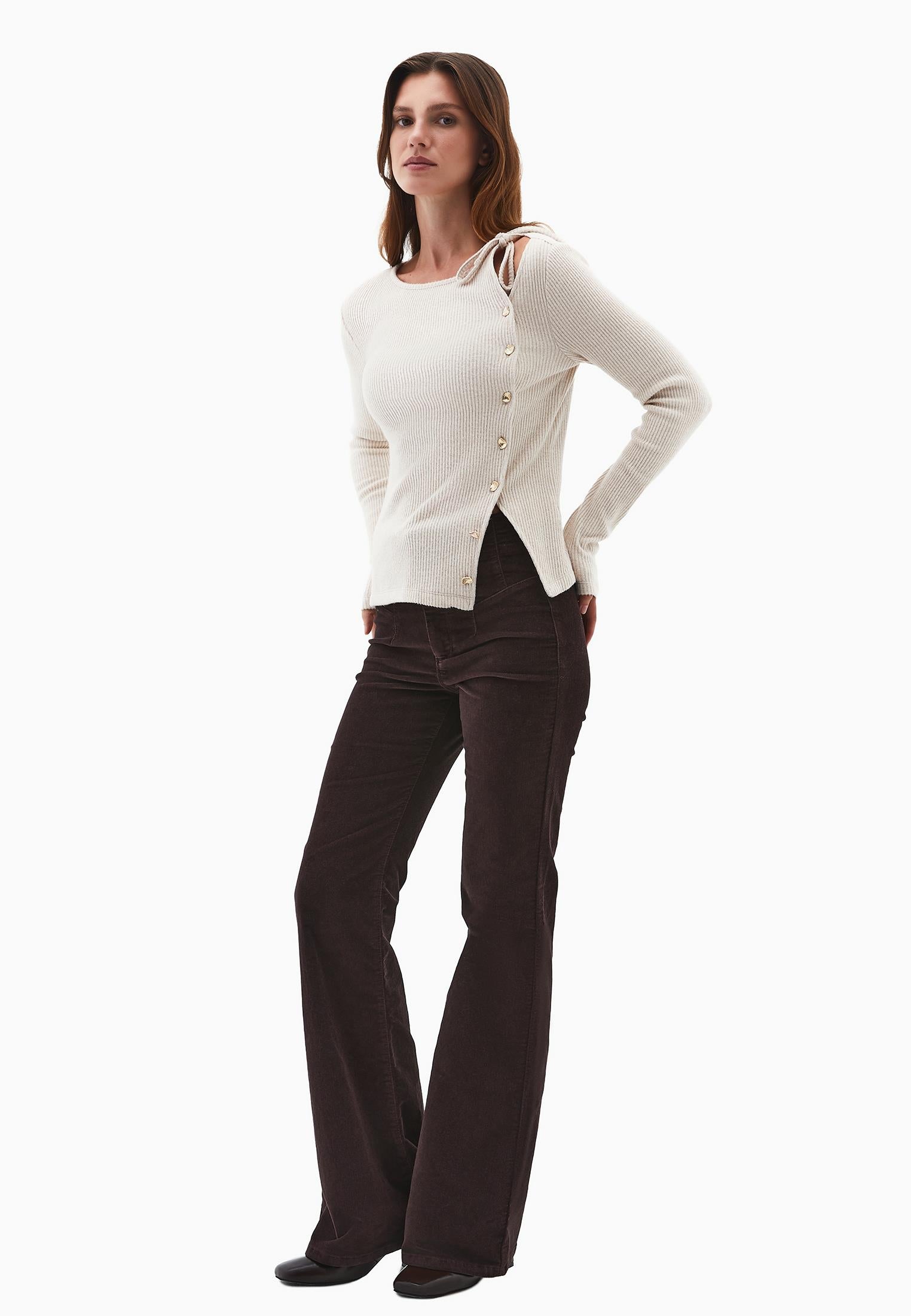 Boat Neck Long Sleeve Blouse With Button Details - SIMPLY TAUPE MELANGE