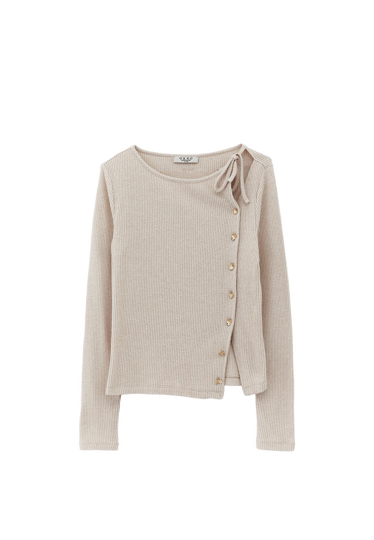Boat Neck Long Sleeve Blouse With Button Details - SIMPLY TAUPE MELANGE
