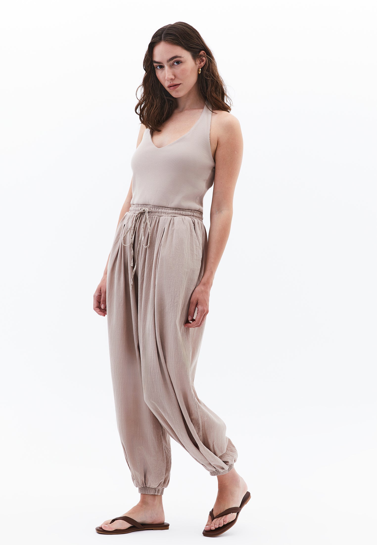 V Neck Elastic Women's Jumpsuit - SIMPLY TAUPE