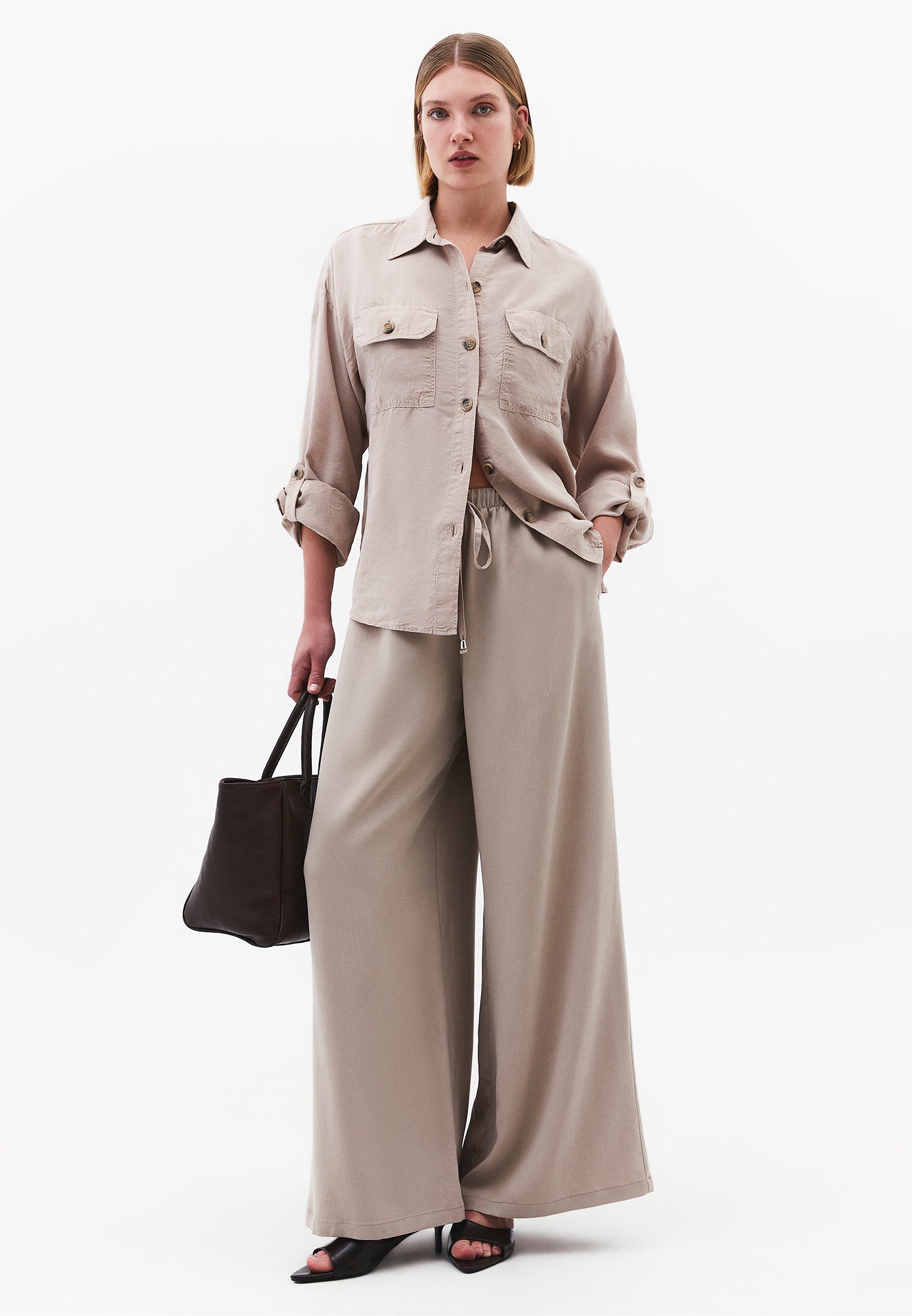 Wide Leg Elastic Women Trousers - SIMPLY TAUPE