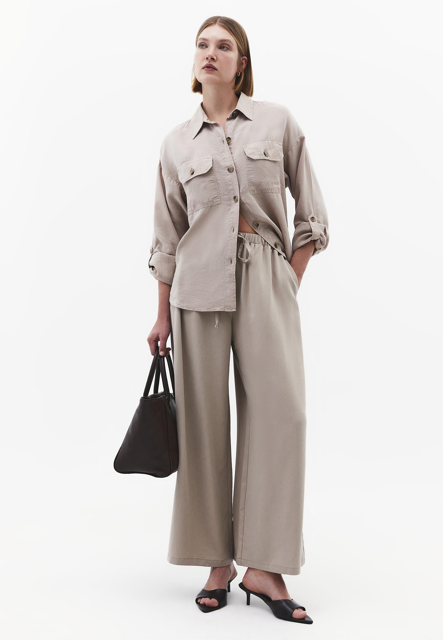 Wide Leg High Waist Elastic Pants - SIMPLY TAUPE