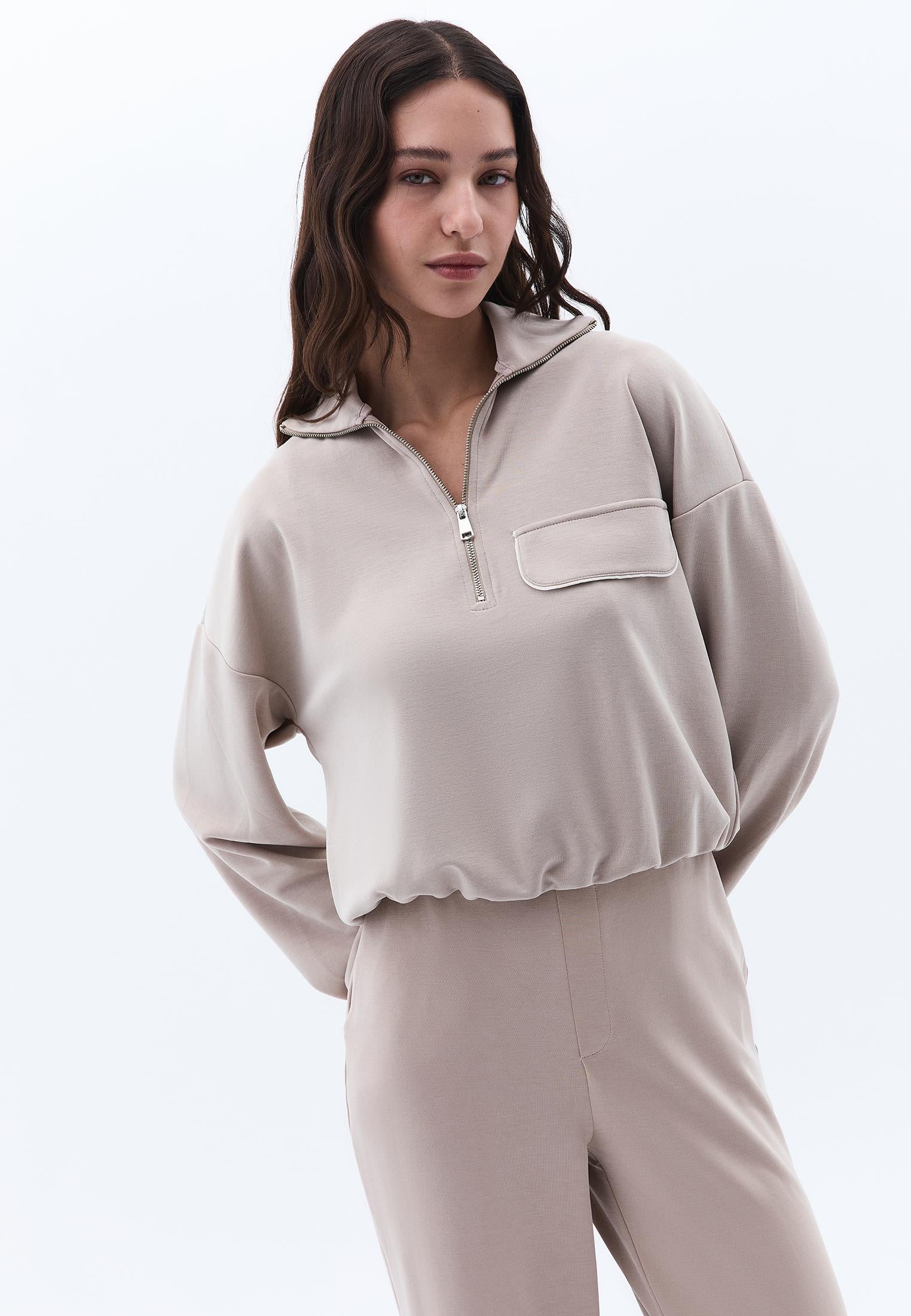 Sweatshirt With Pocket Detail And High Collar - SIMPLY TAUPE
