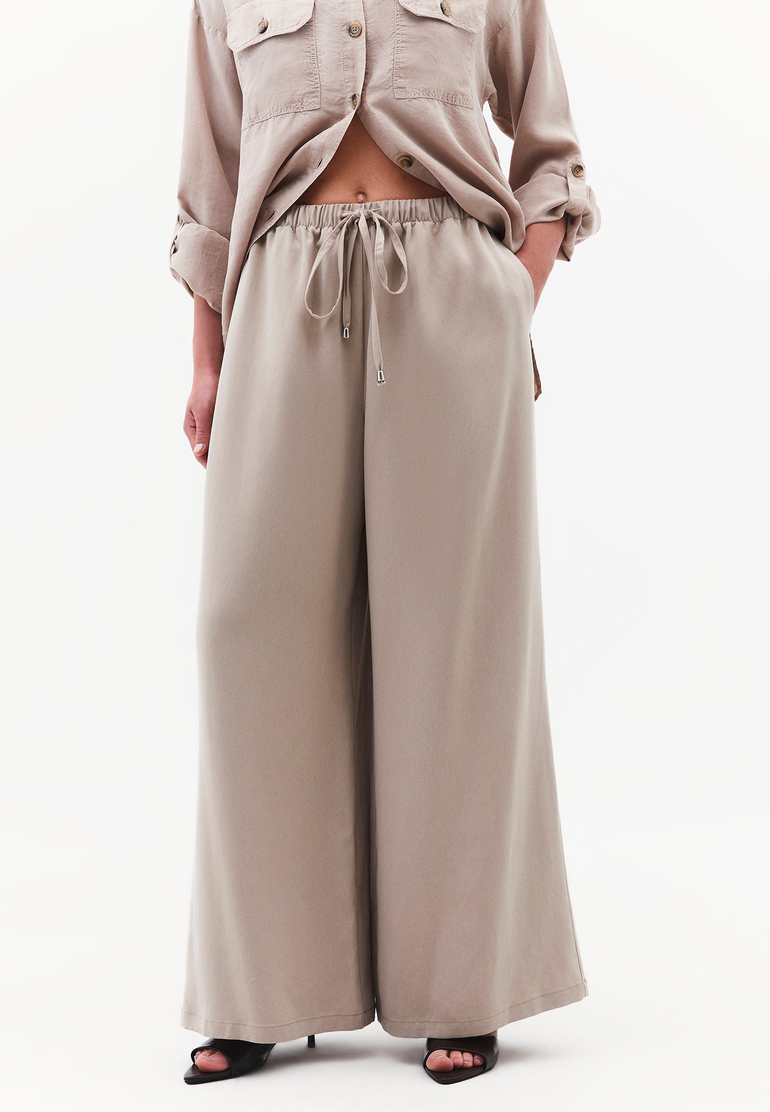 Wide Leg Elastic Women Trousers - SIMPLY TAUPE