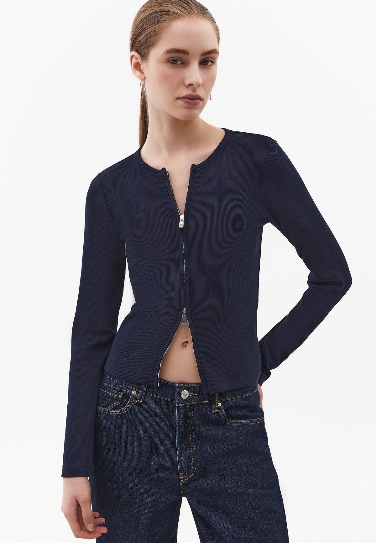 Crew Neck Long Sleeve Zip Detailed Bodycon T-Shirt - SKY CAPTAIN