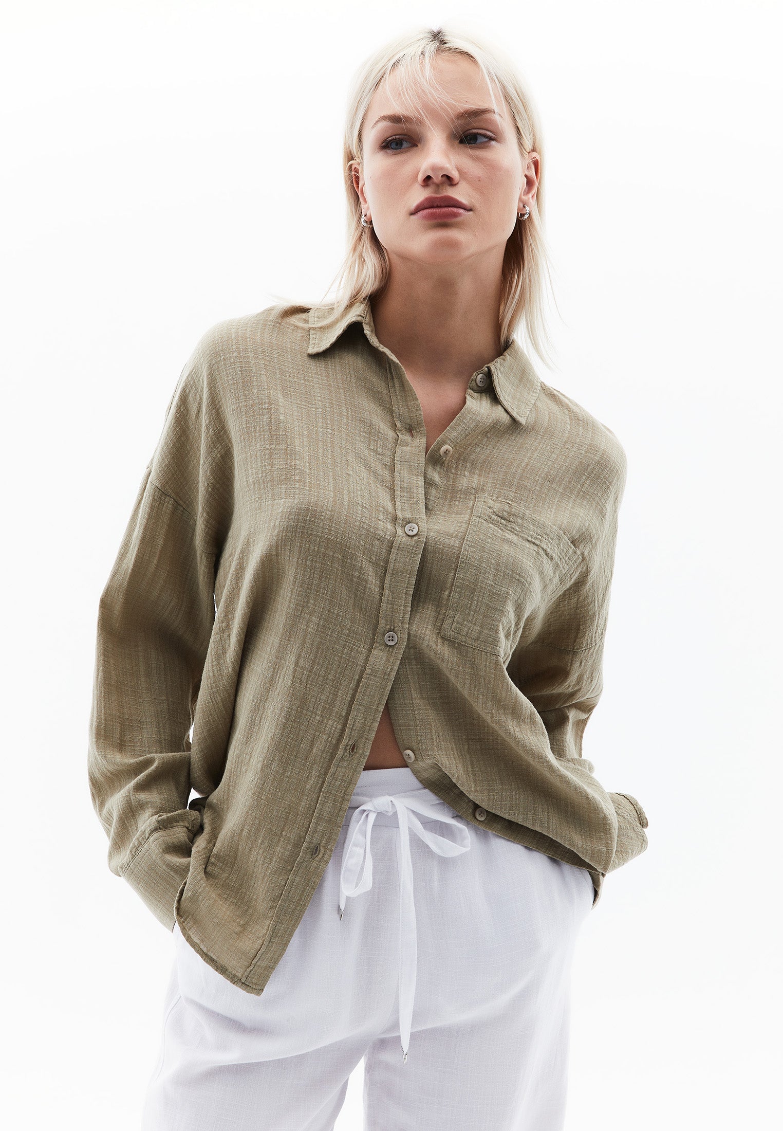 Button Detailed Oversize Long Sleeve Shirt - SLATE GREEN