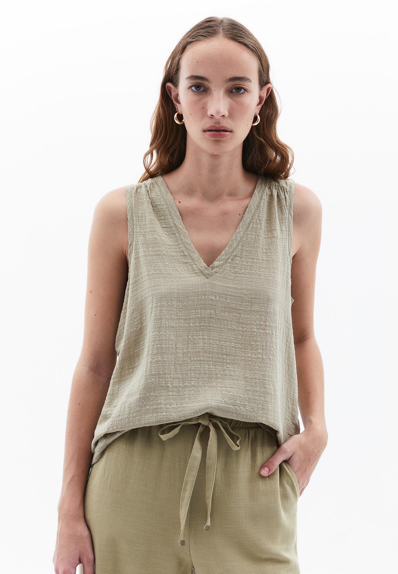 V Neck Loose Fit Woven Top - SLATE GREEN