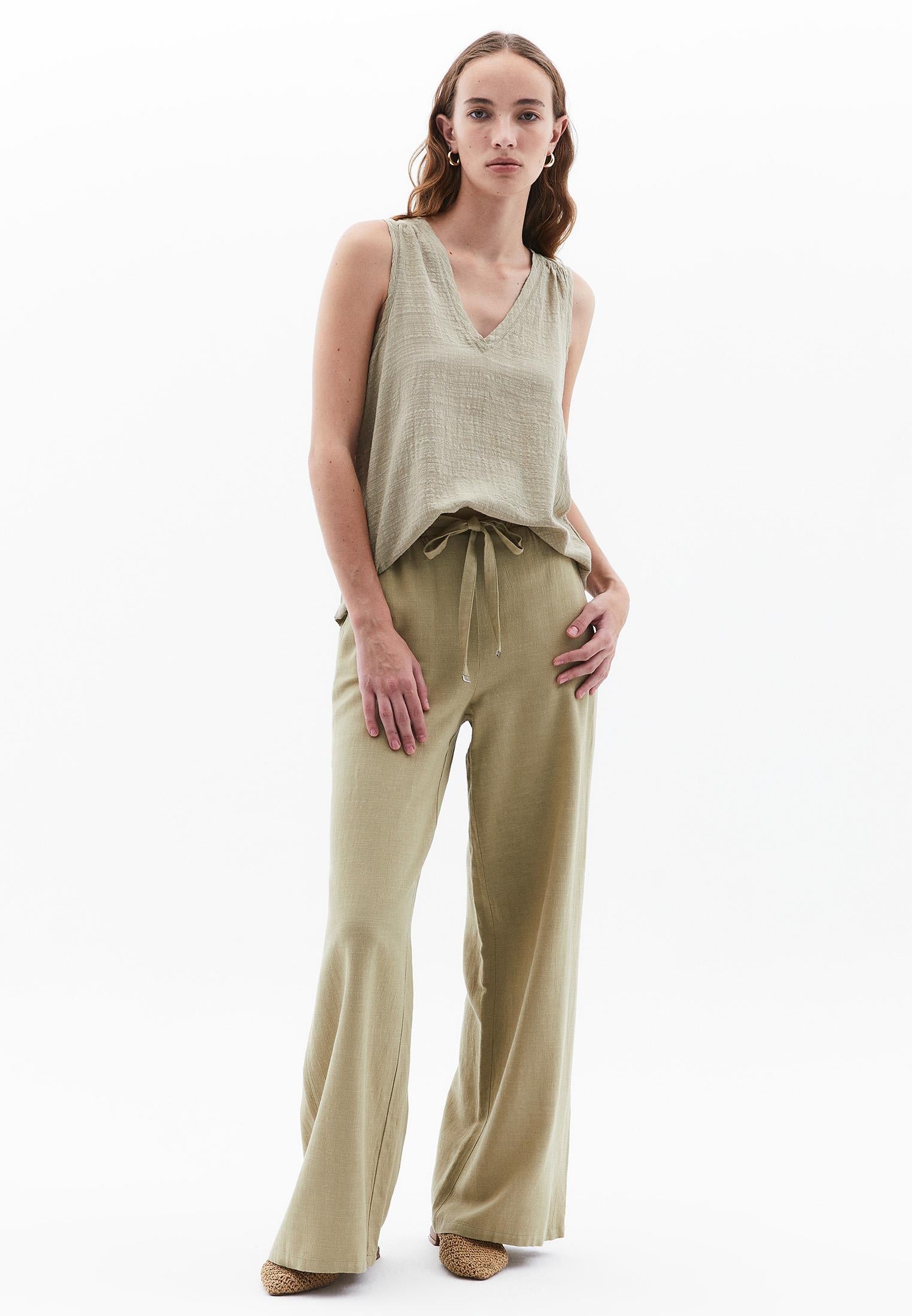 V Neck Loose Fit Woven Top - SLATE GREEN