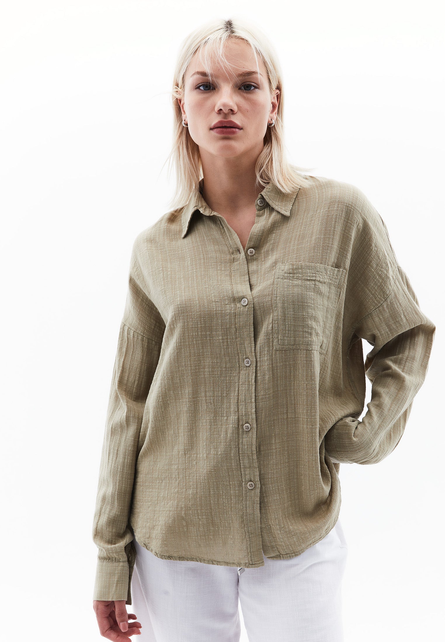 Button Detailed Oversize Long Sleeve Shirt - SLATE GREEN