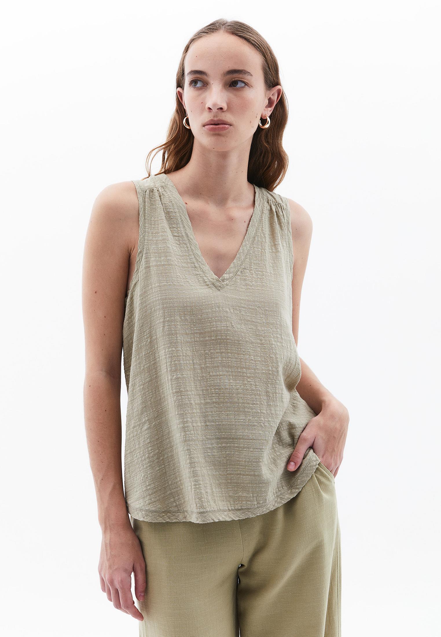 V Neck Loose Fit Woven Top - SLATE GREEN