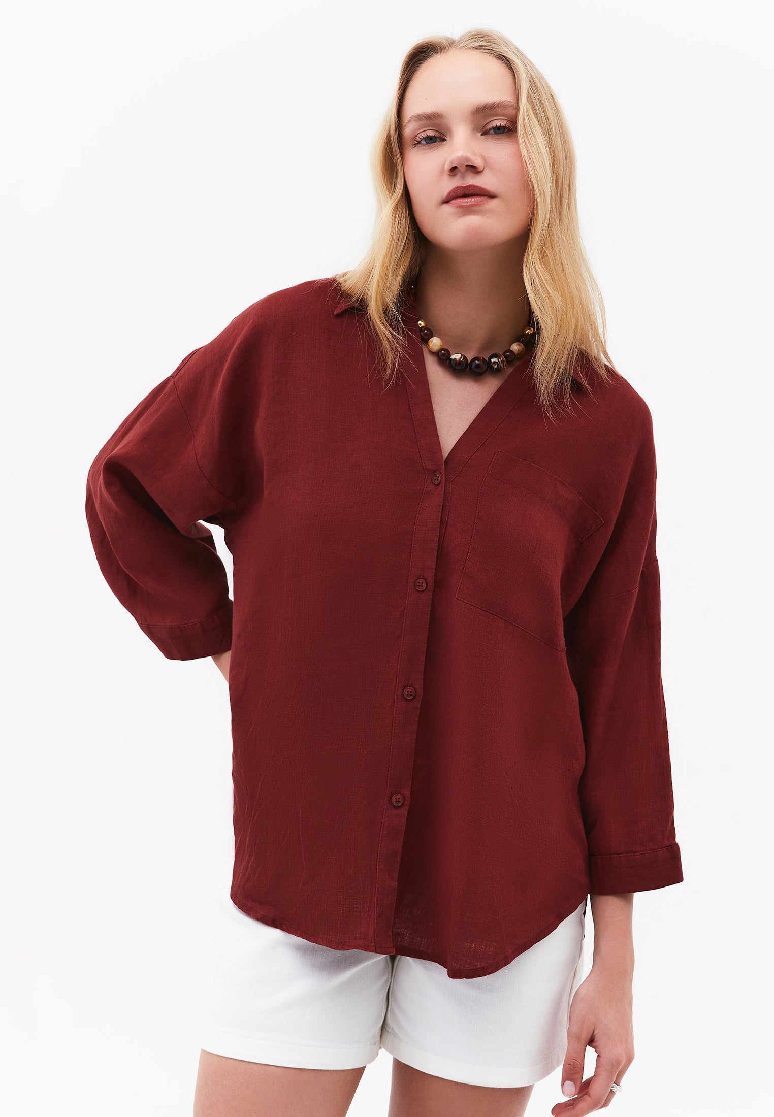 Shirt Collar Oversize Tunic Shirt - SPICED APPLE