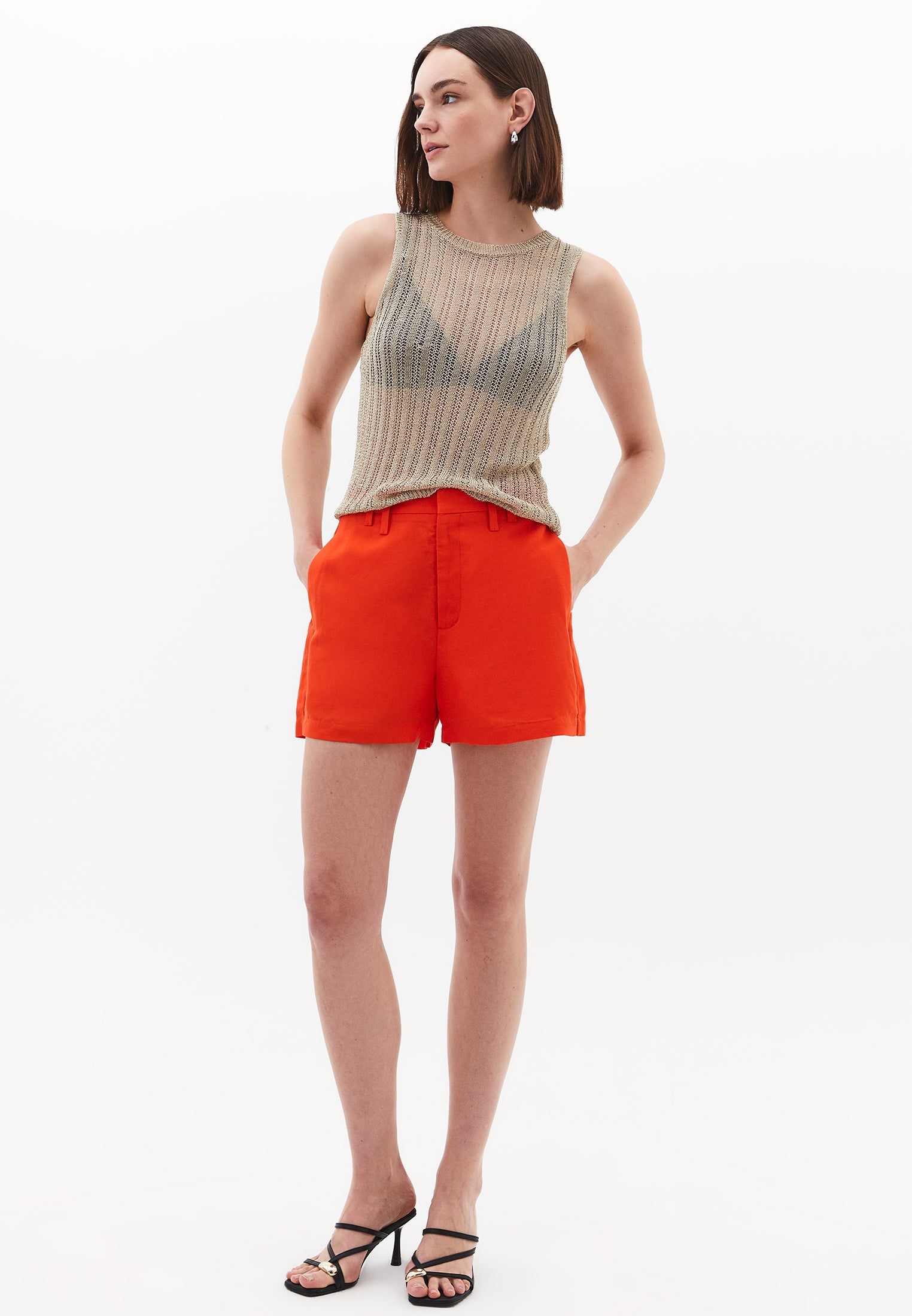 High Waist Short With Belt Detail - SPICY ORANGE