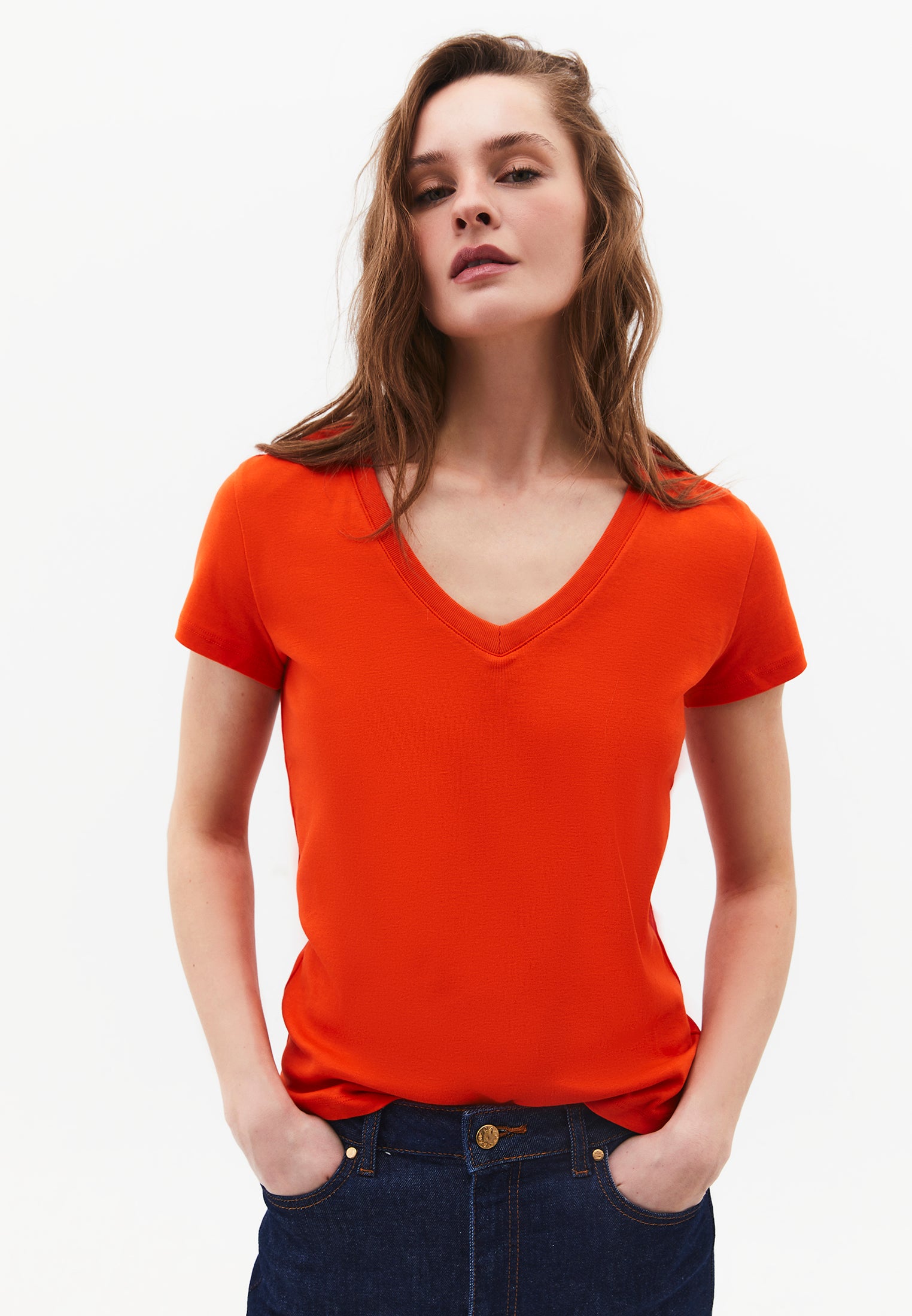 V Neck Short Sleeve Slim T-Shirt - SPICY ORANGE