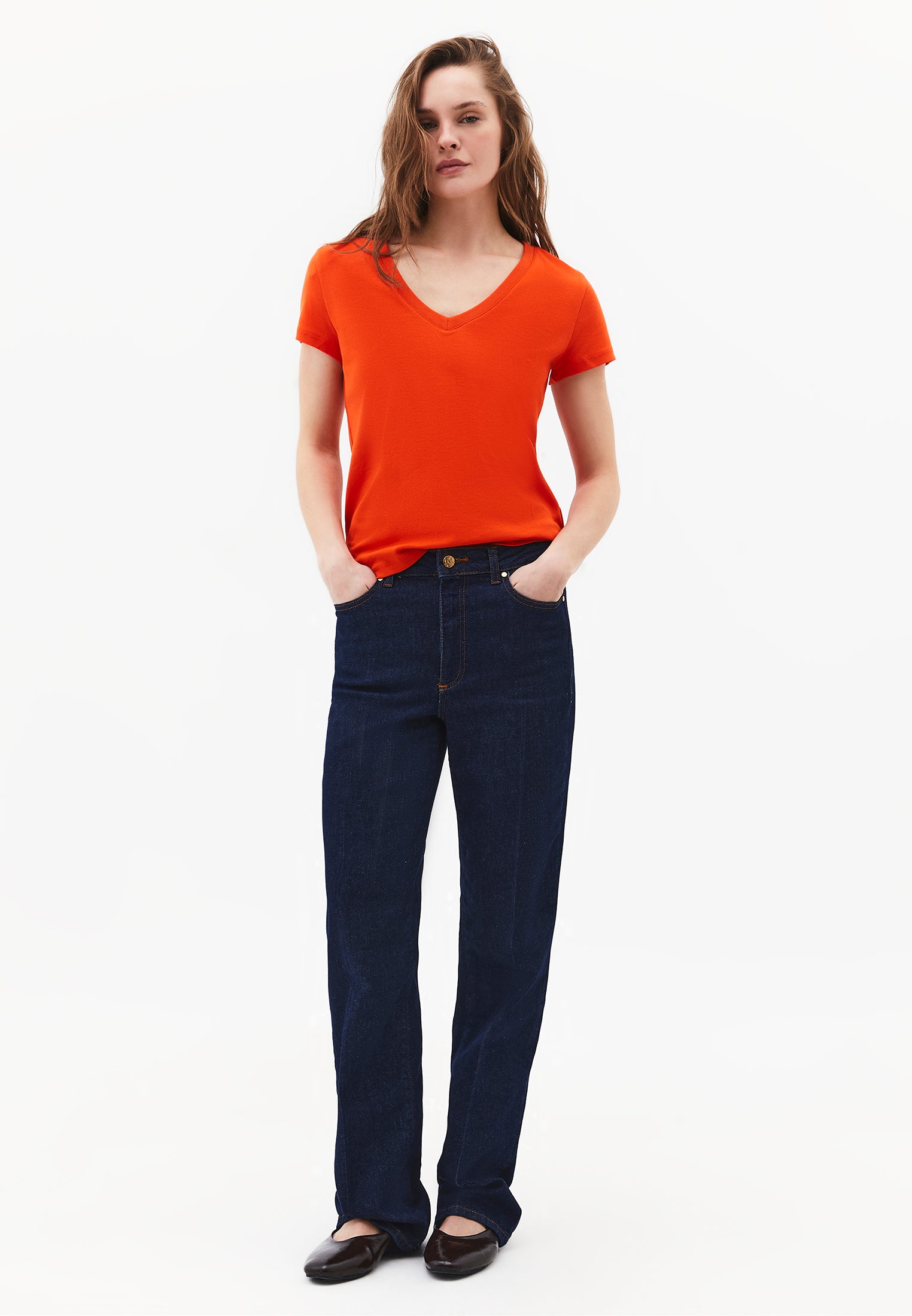 V Neck Short Sleeve Slim T-Shirt - SPICY ORANGE