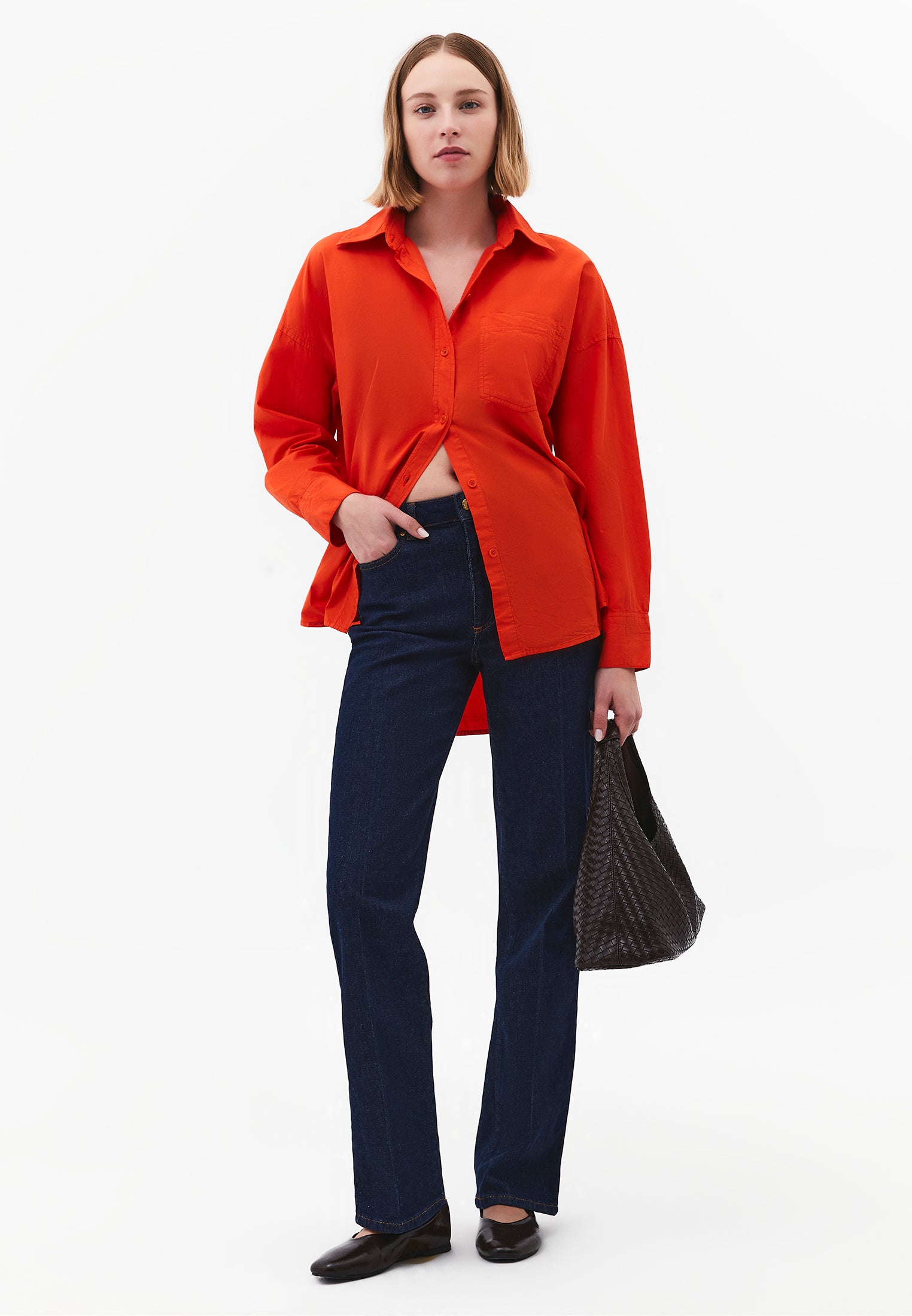 Oversized Long-Sleeve Shirt with Pocket Detail - SPICY ORANGE