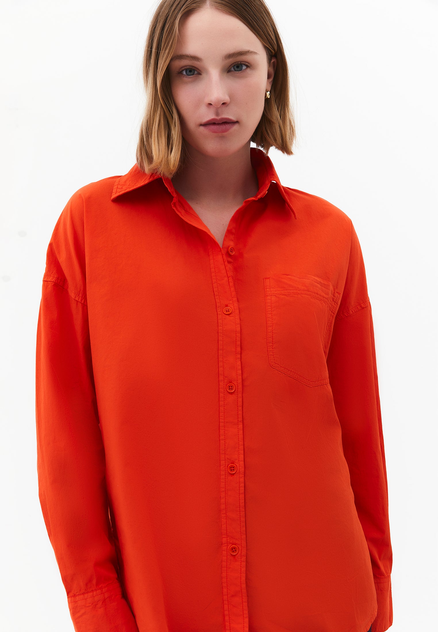 Oversized Long-Sleeve Shirt with Pocket Detail - SPICY ORANGE