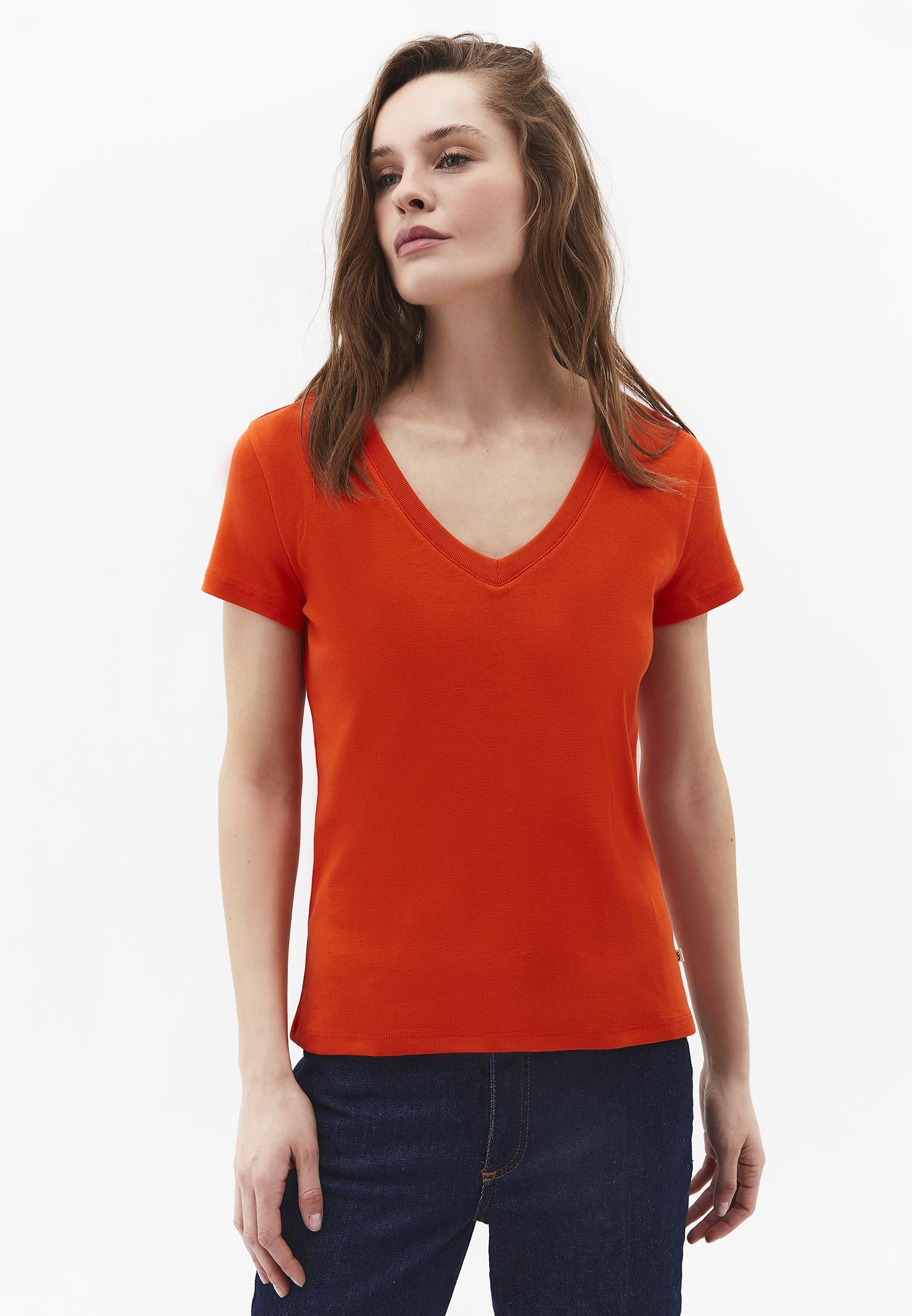 V Neck Short Sleeve Slim T-Shirt - SPICY ORANGE