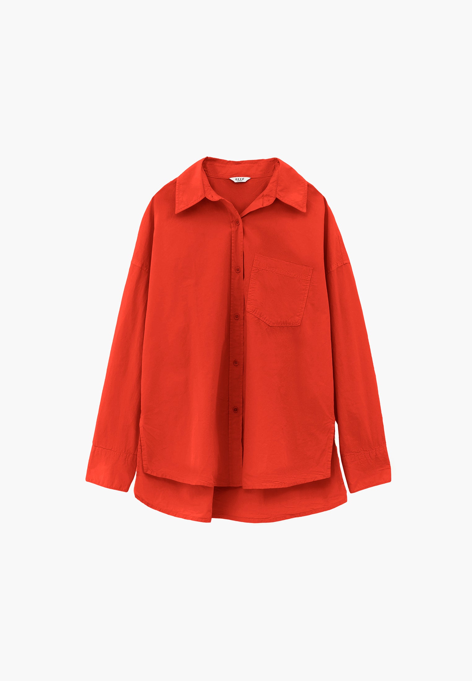 Oversized Long-Sleeve Shirt with Pocket Detail - SPICY ORANGE