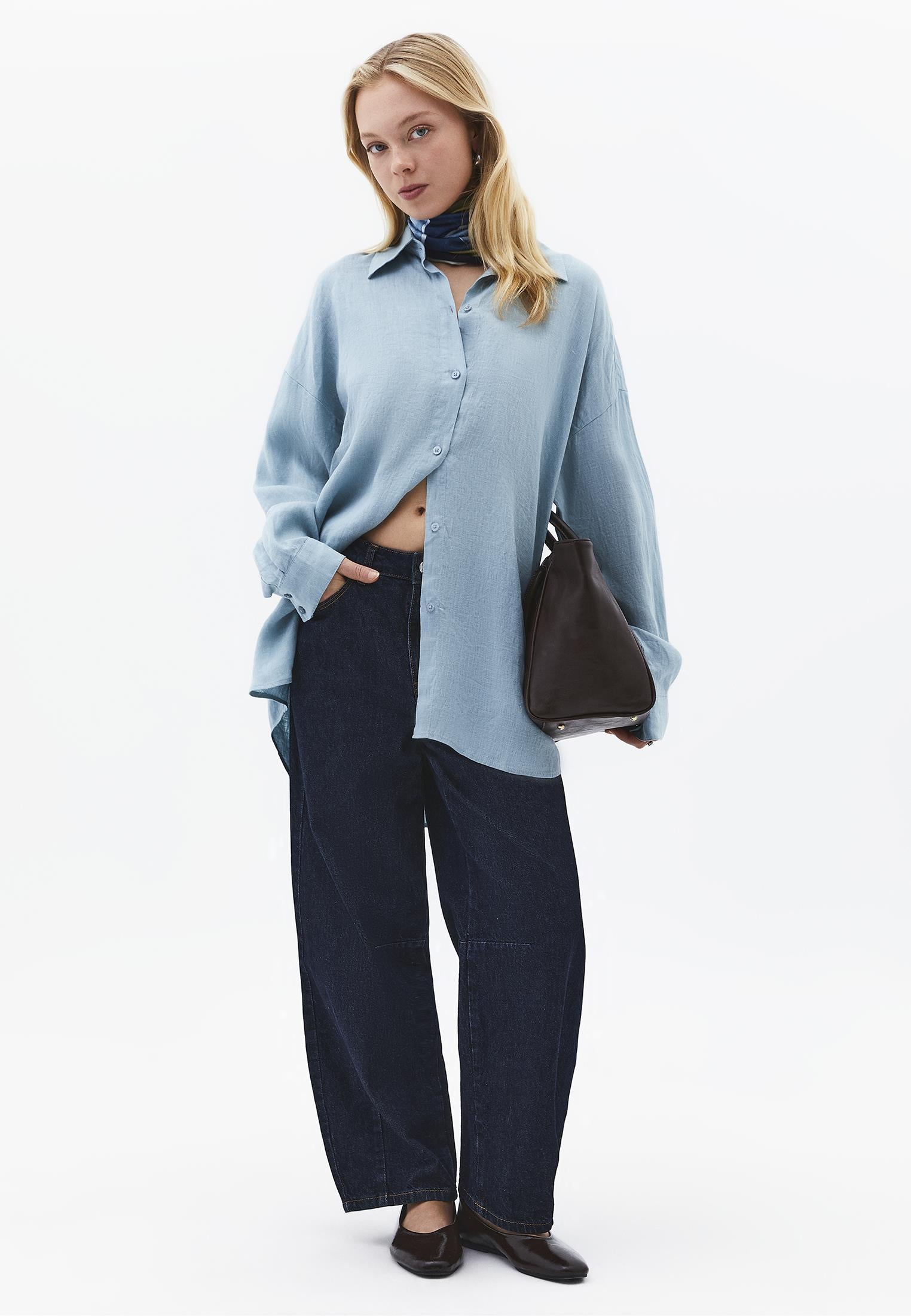 Oversize Shirt Collar Long Shirt - STONE BLUE