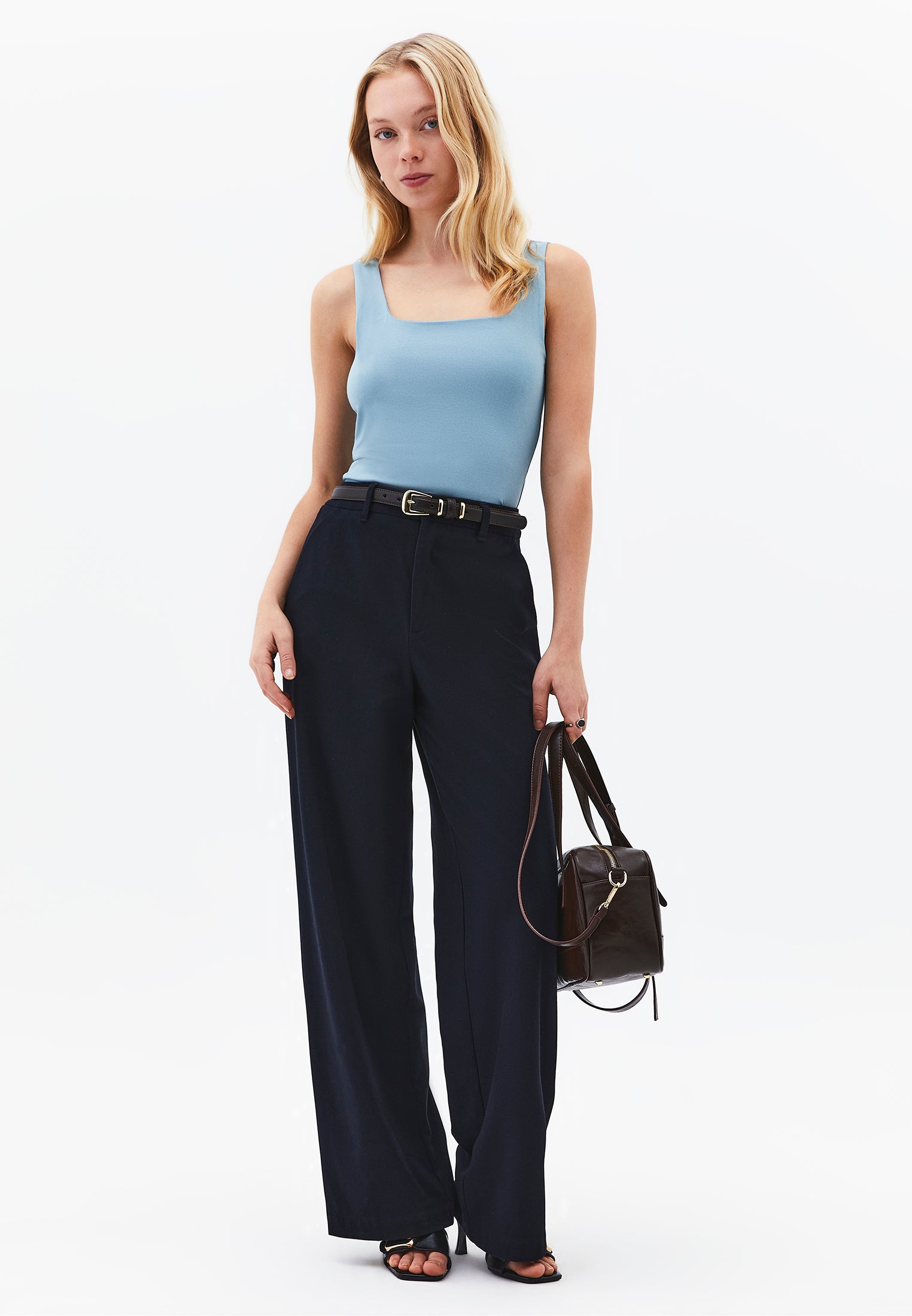 Square Neck Bodycon Tank Top - STONE BLUE