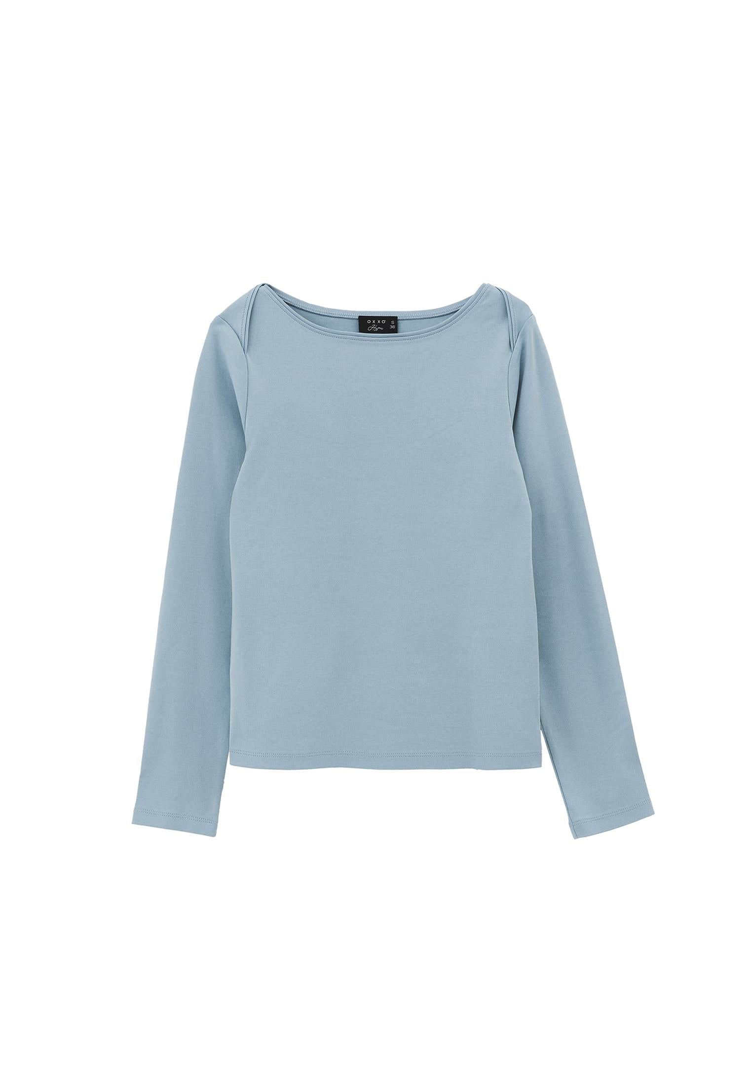 Boat Neck Long Sleeve T-Shirt - STONE BLUE