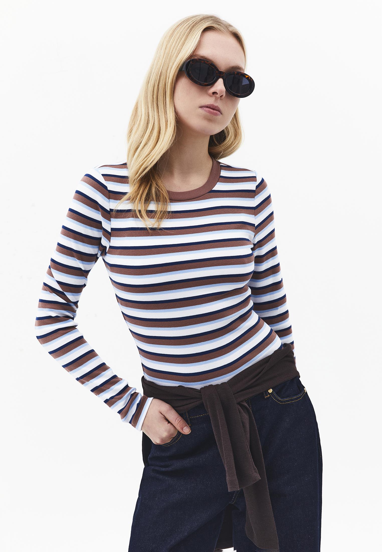 Crew Neck Long Sleeve Bodycon T-Shirt - STRIPED COMB