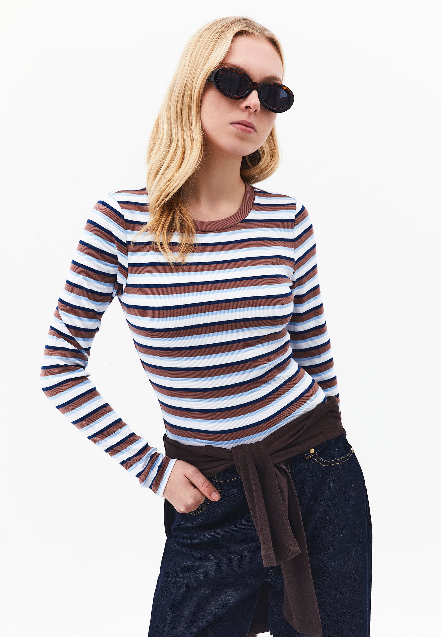 Crew Neck Long Sleeve Bodycon T-Shirt - STRIPED COMB