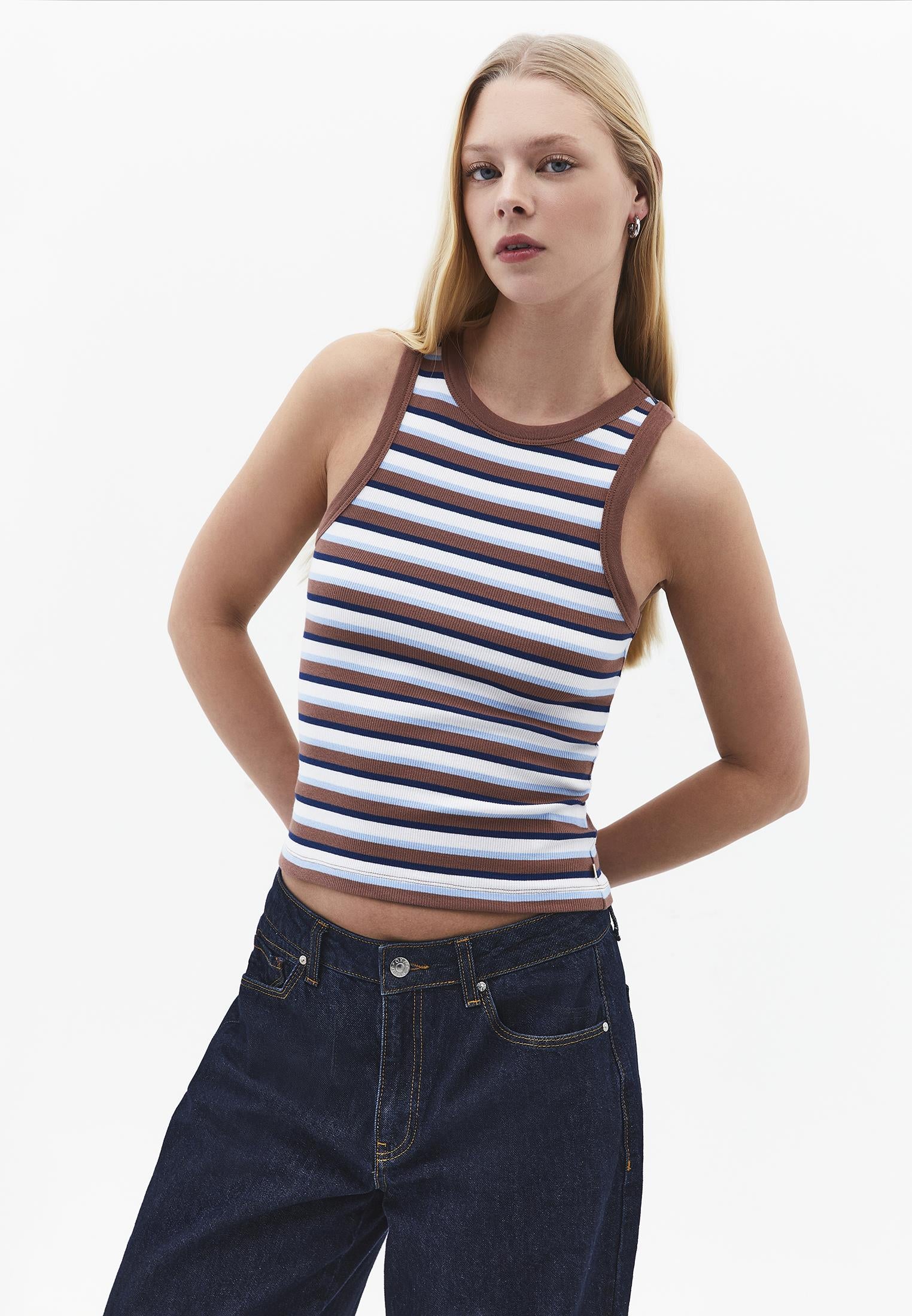 Crew Neck Bodycon Tank Top - STRIPED COMB