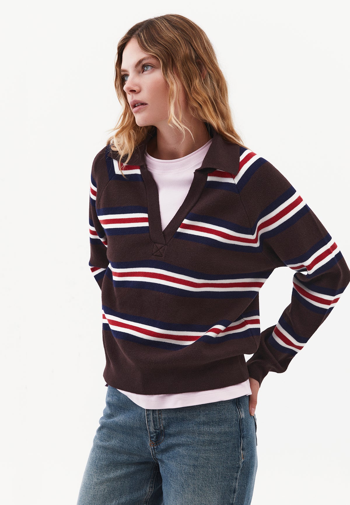 Striped Sweater with Polo Collar - STRIPE COMB