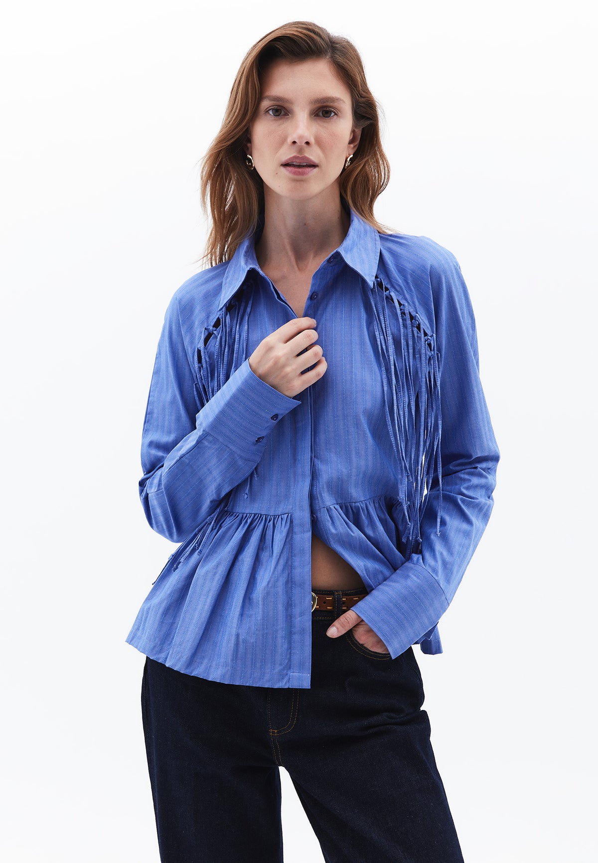 Raglan Sleeve Shirt Collar Slim Shirt - STRIPE COMB