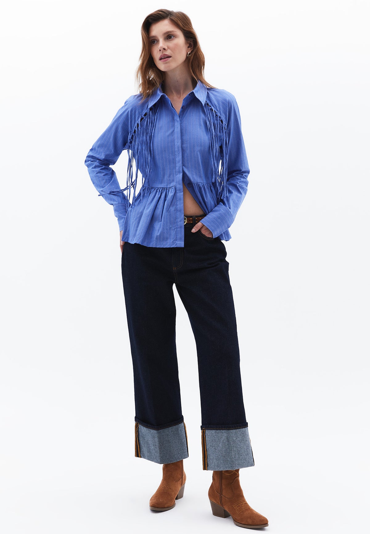 Raglan Sleeve Shirt Collar Slim Shirt - STRIPE COMB