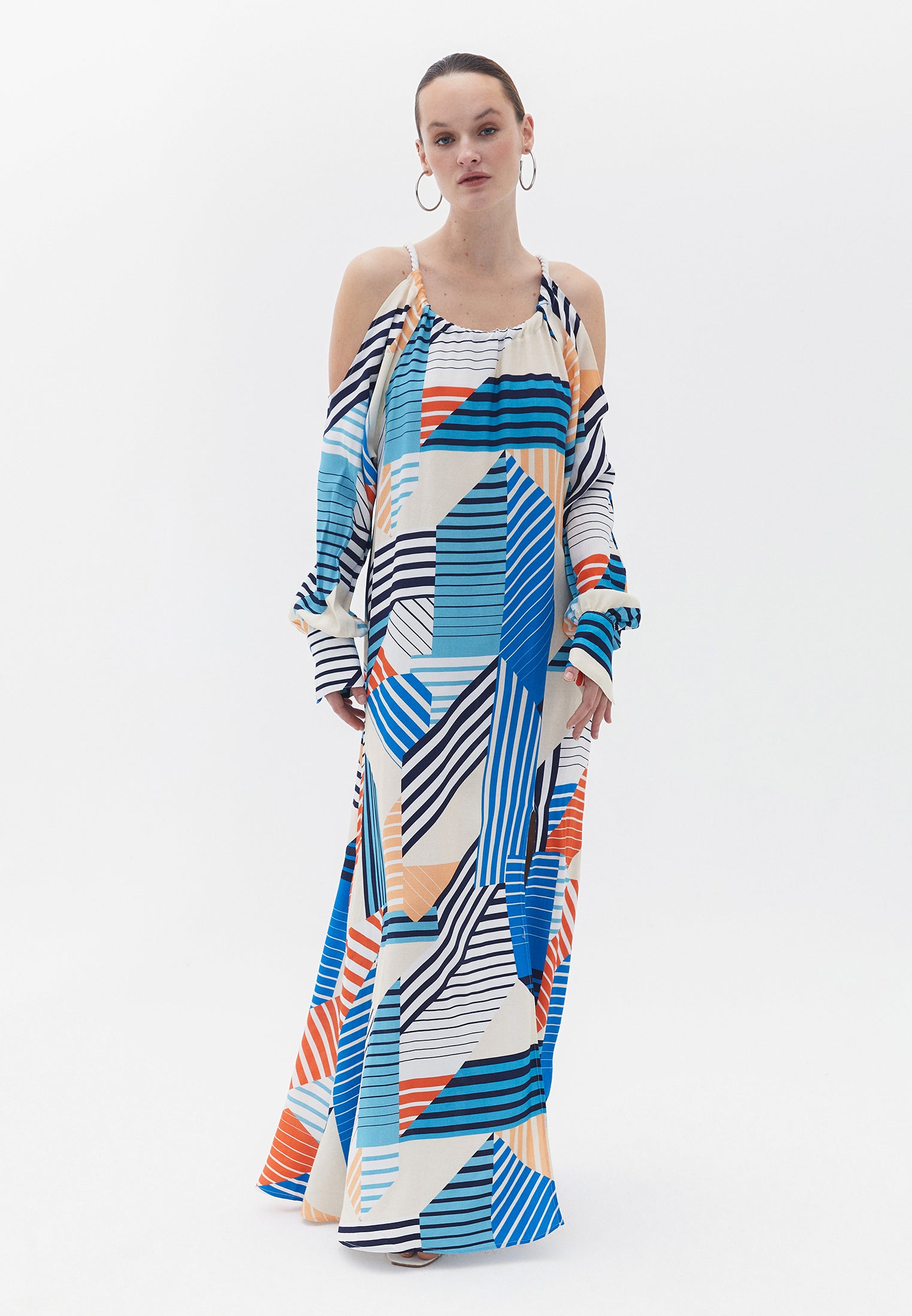 Halter Neck Maxi Printed Dress With Slit And Tie - STRIPE MIX COMB