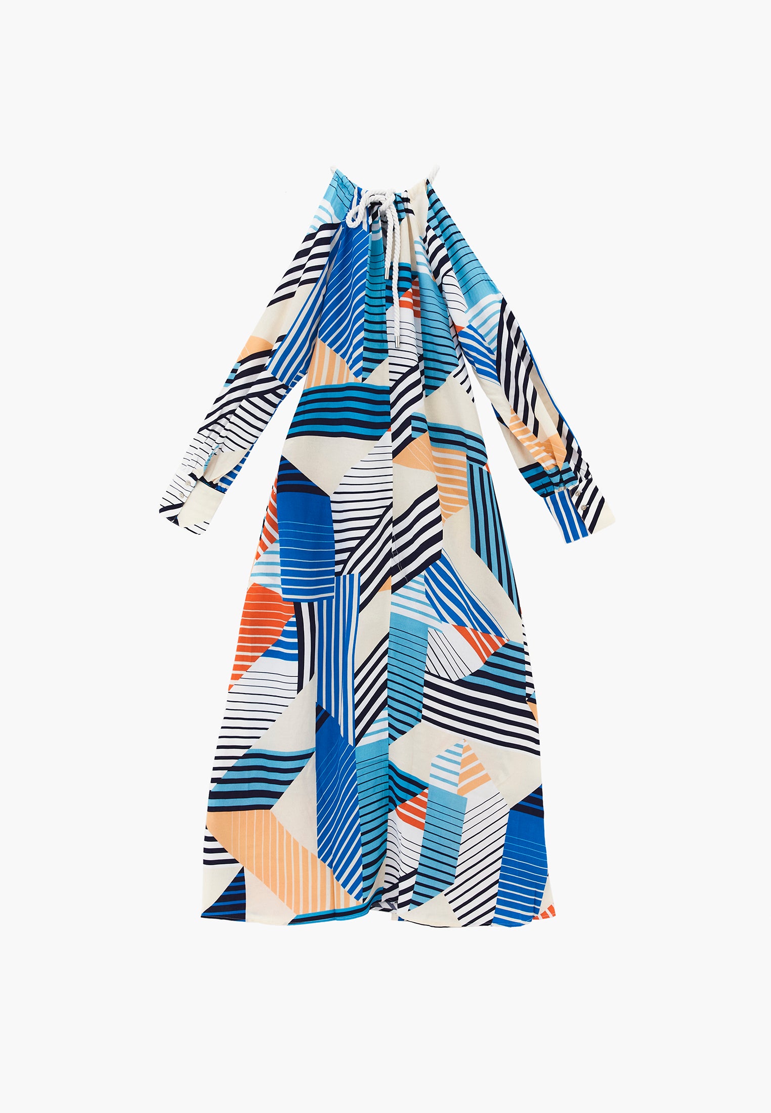 Halter Neck Maxi Printed Dress With Slit And Tie - STRIPE MIX COMB