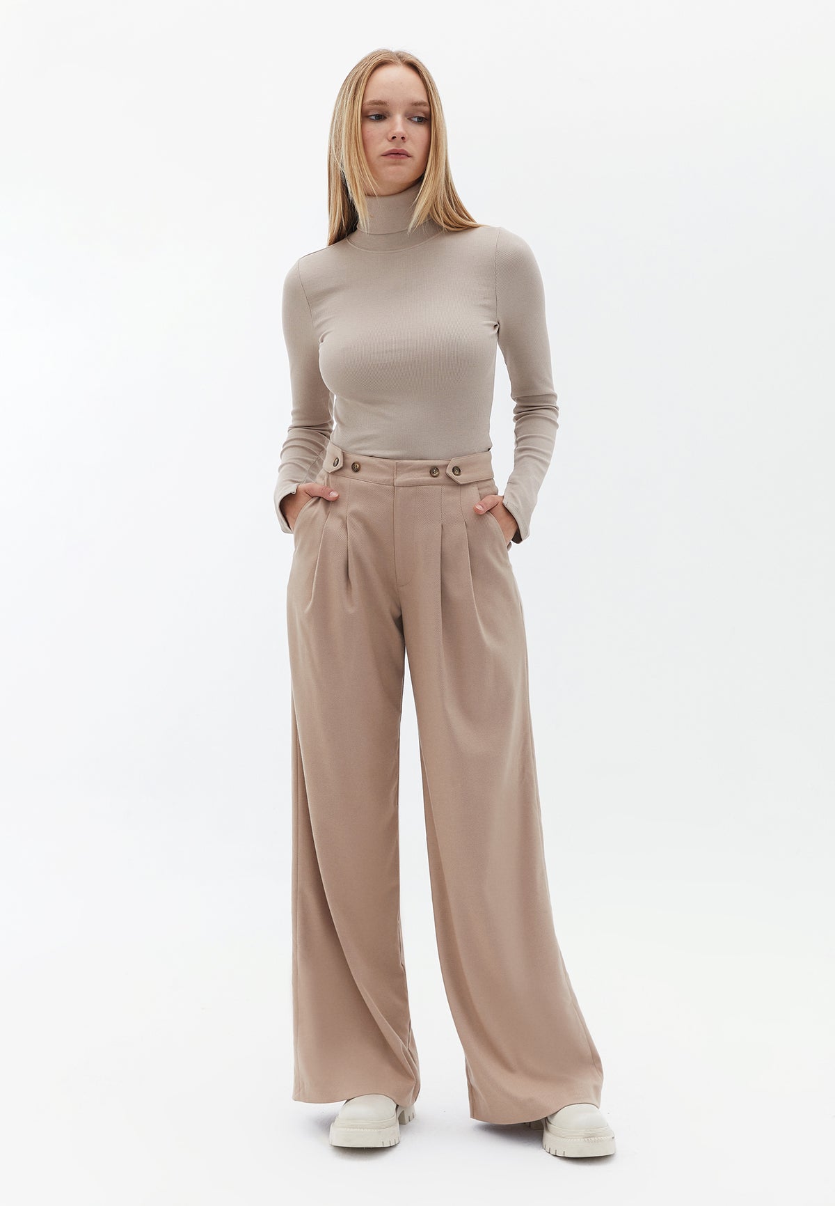 Wide Leg Pants With Button Details - STUCCO