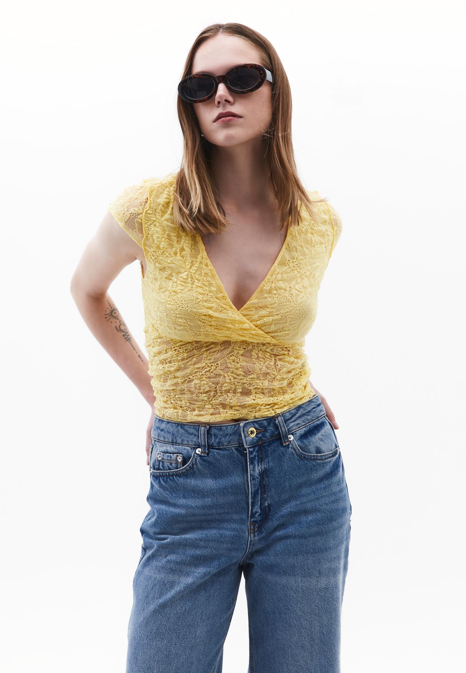 Wrap Neck Bodycon T-Shirt - SUNSHINE