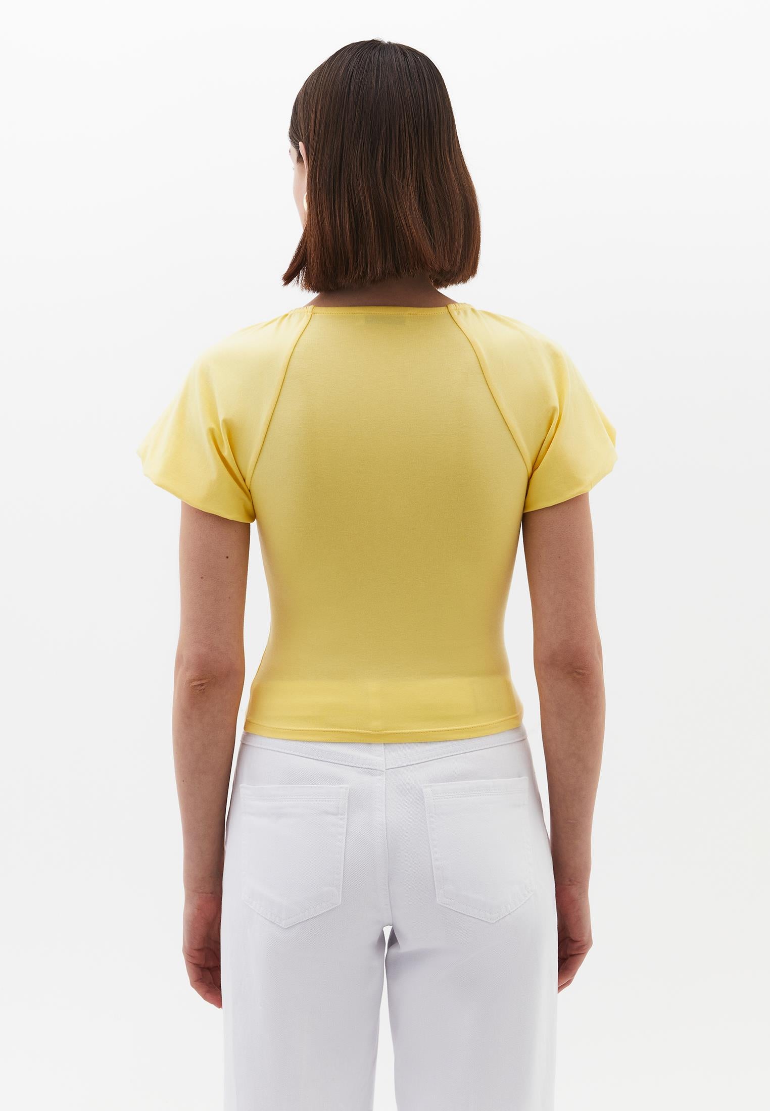 V Neck Balloon Sleeve Blouse - SUNSHINE
