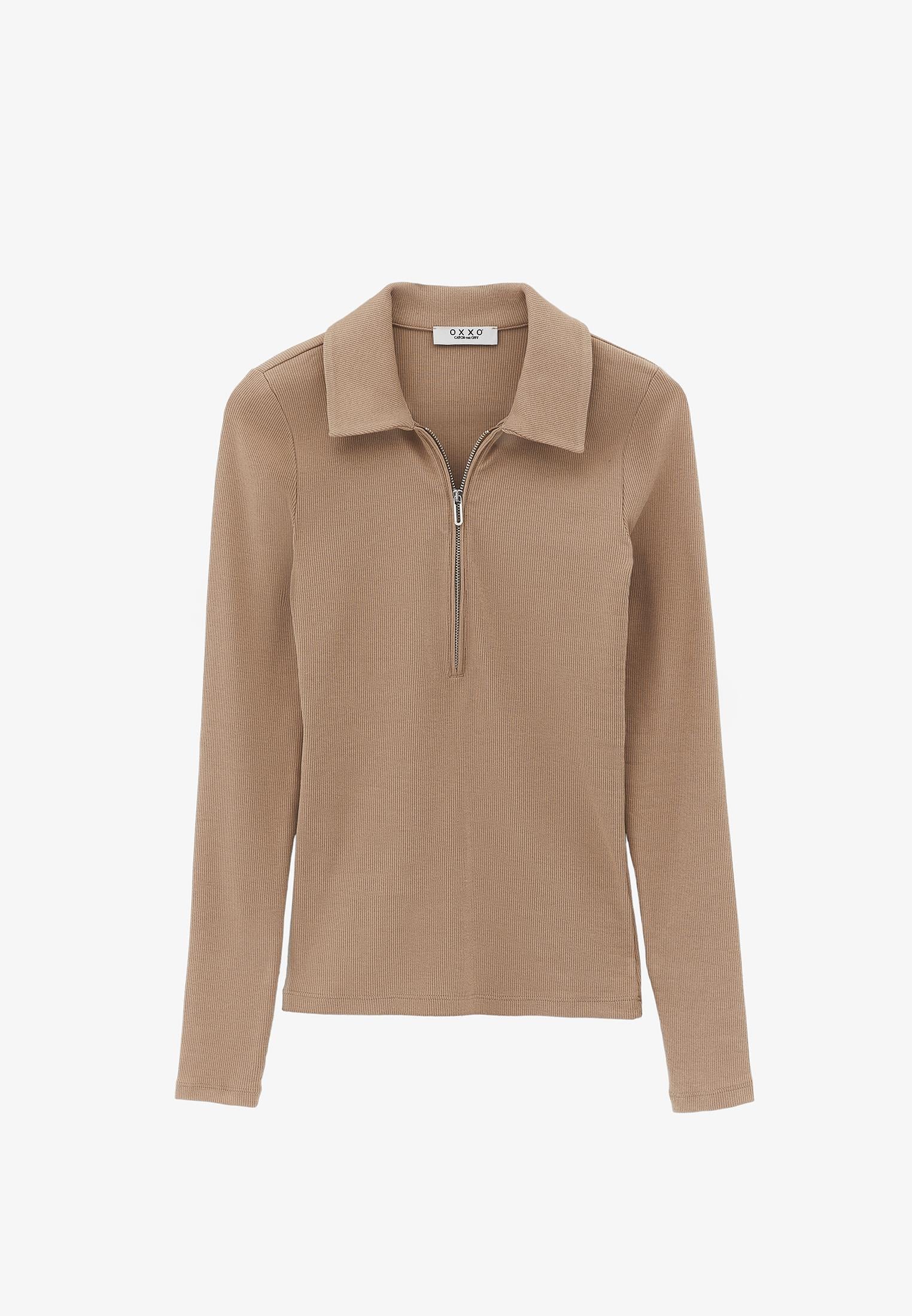 Polo Collar Zip Detailed Long Sleeve T-Shirt - TANNIN