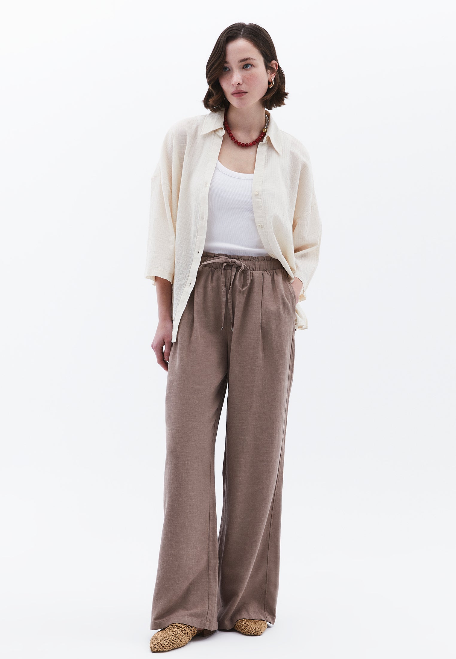 Wide Leg High Waist Pants - TAUPE GRAY