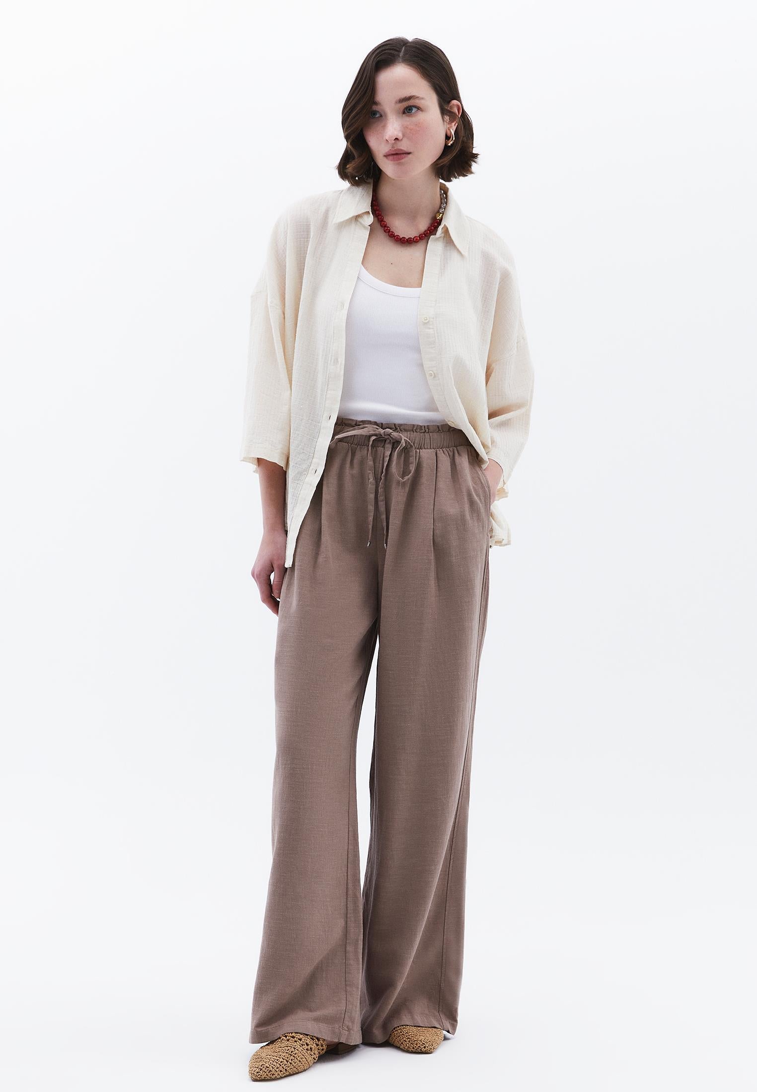 Wide Leg High Waist Pants - TAUPE GRAY