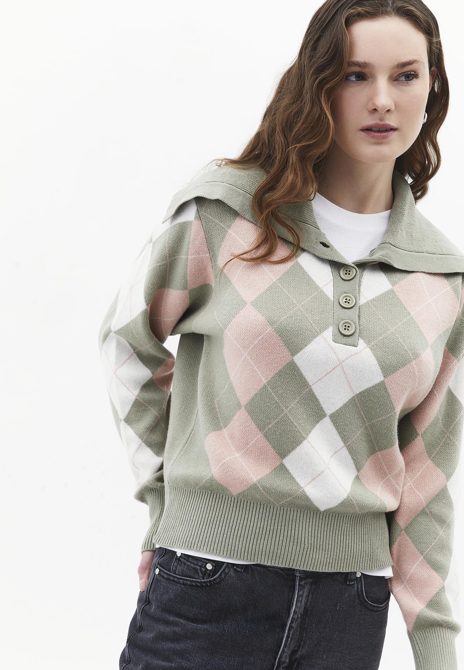 Loose Sweater With Polo Neck Button Detail - TEA COMB
