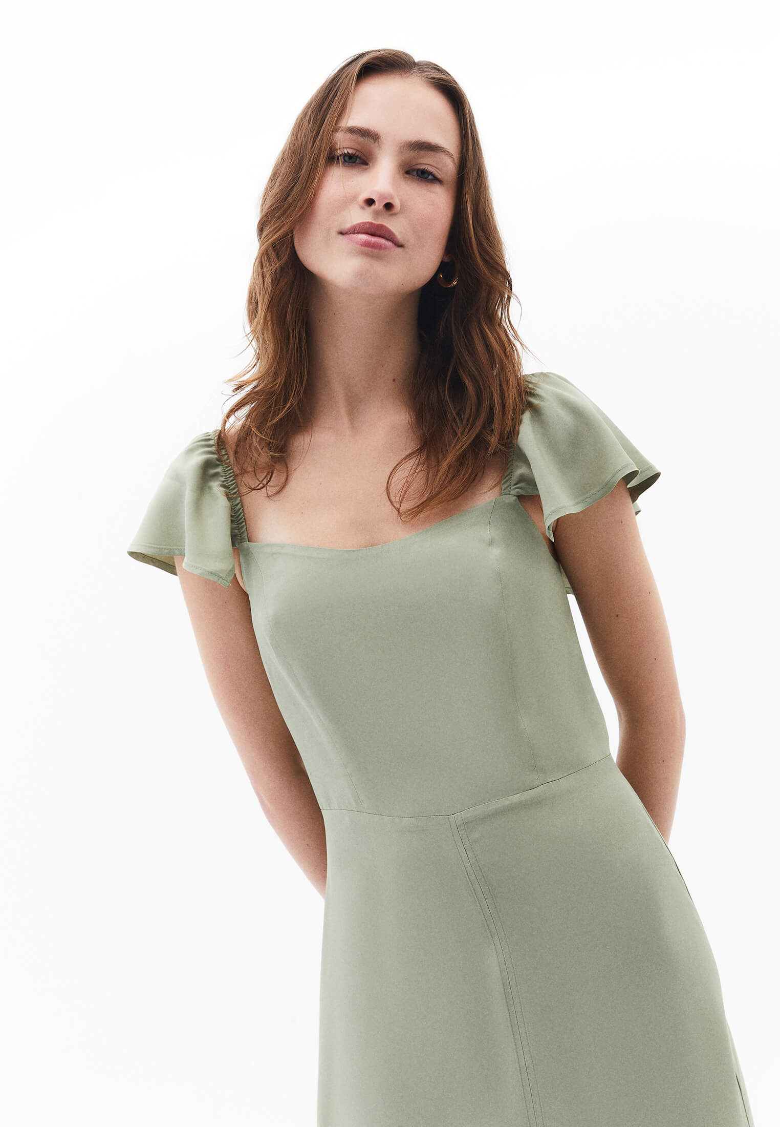 Slit Detailed Sweetheart Neckline Midi Dress - TEA