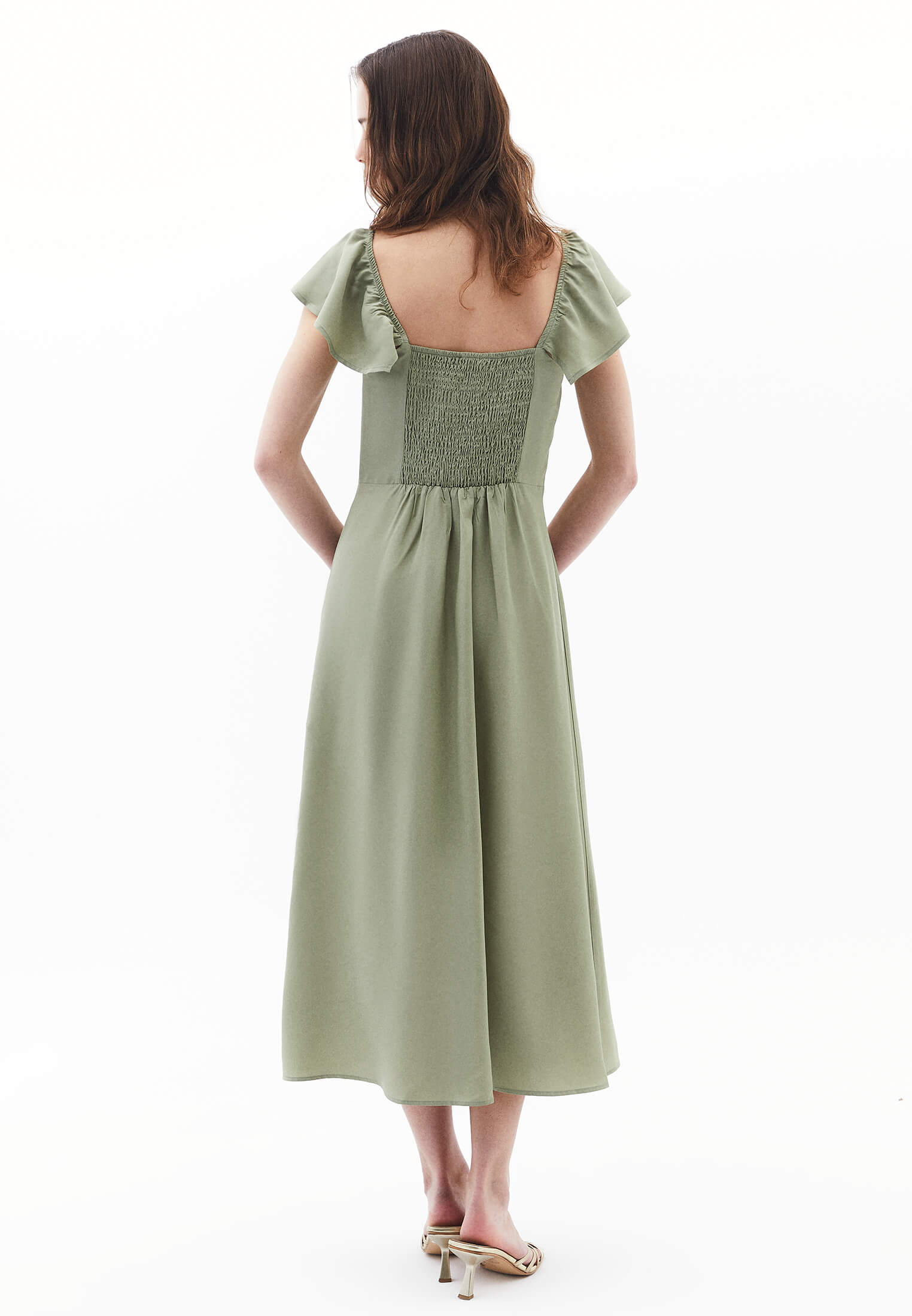 Slit Detailed Sweetheart Neckline Midi Dress - TEA