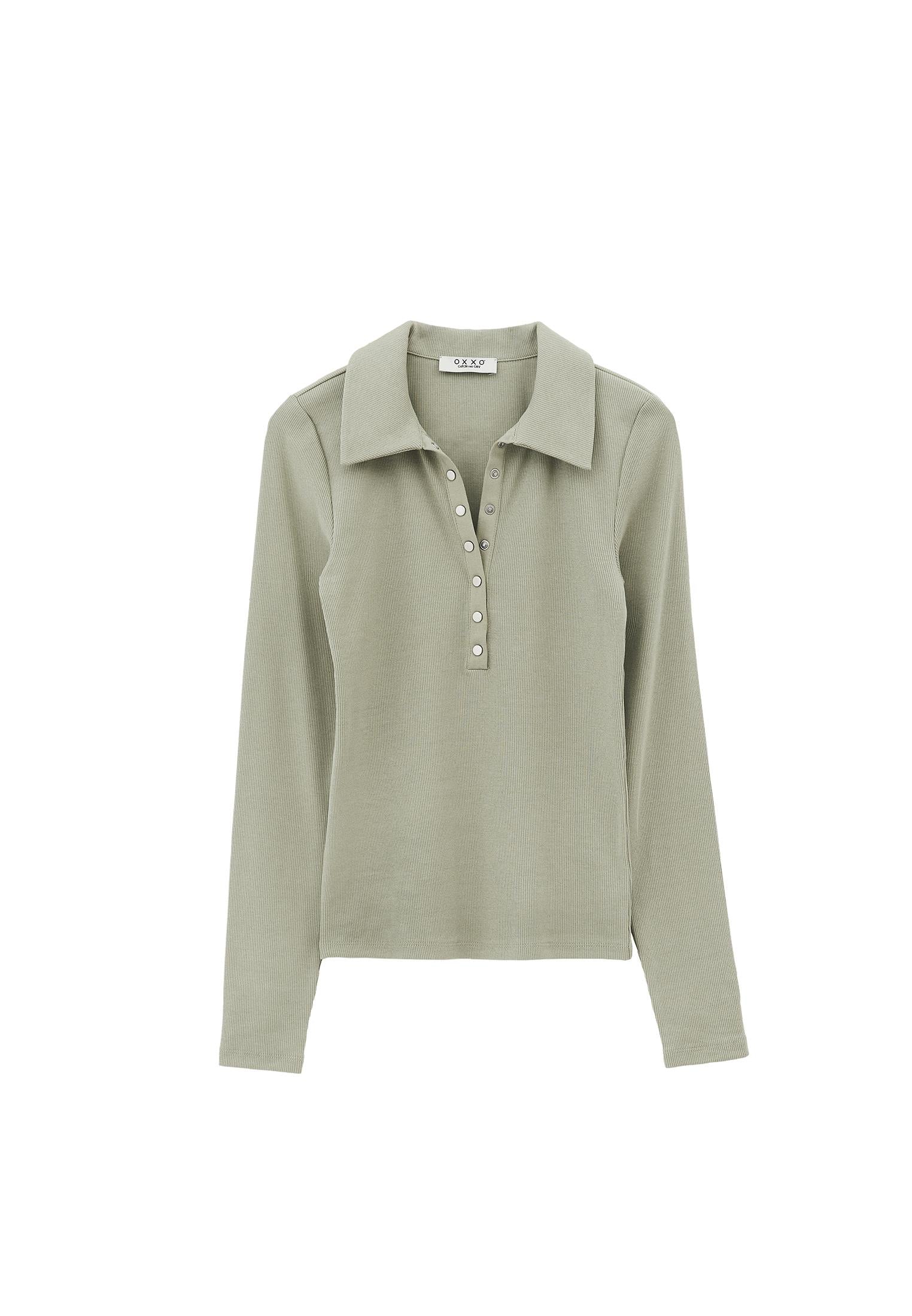 Polo Collar Long Sleeve Bodycon T-Shirt - TEA
