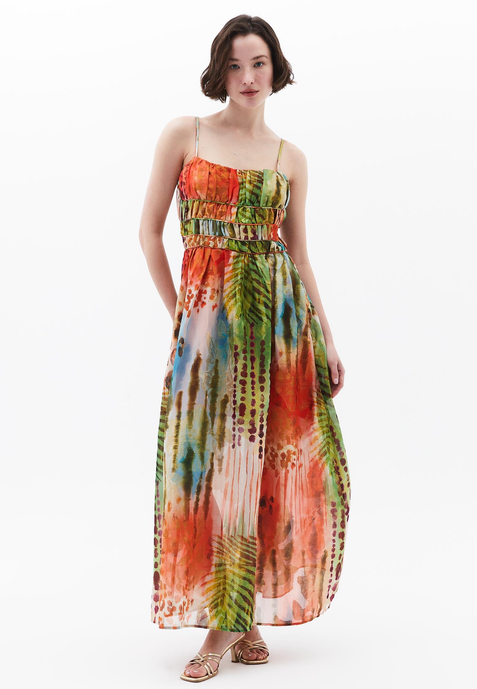 V Neck Sleeveless Long A-Line Dress - TROPICAL COMB