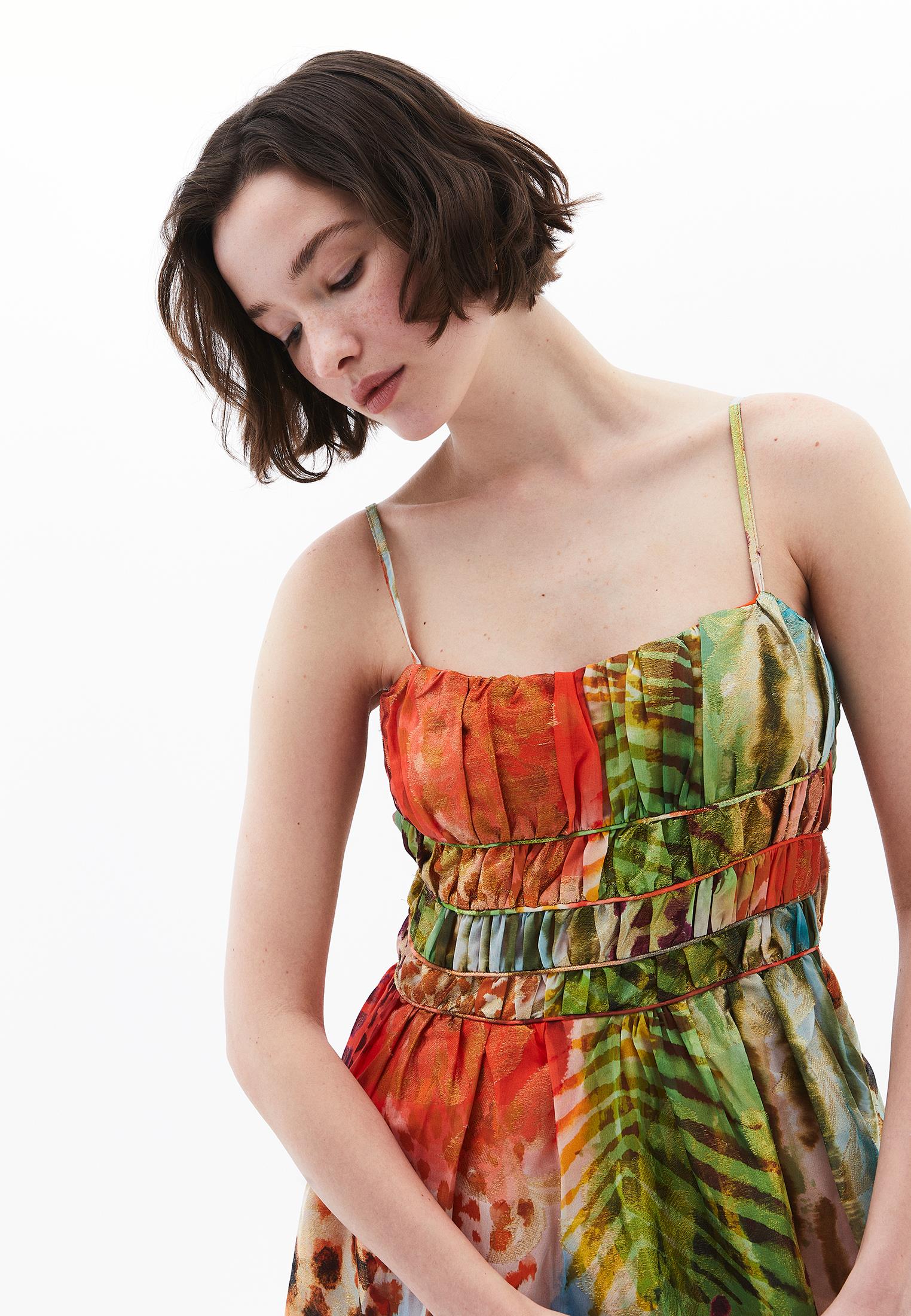 V Neck Sleeveless Long A-Line Dress - TROPICAL COMB