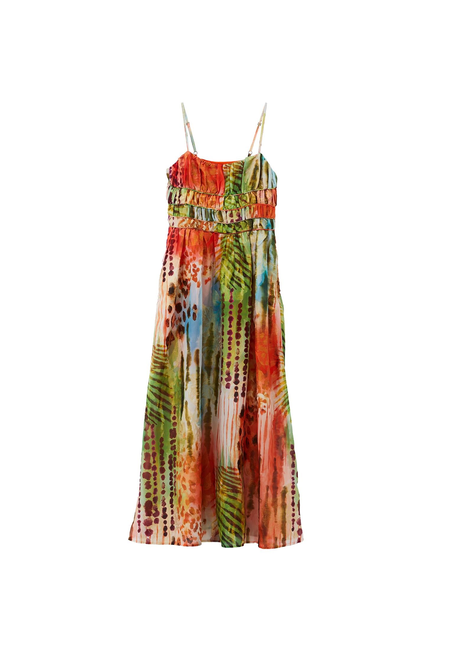 V Neck Sleeveless Long A-Line Dress - TROPICAL COMB