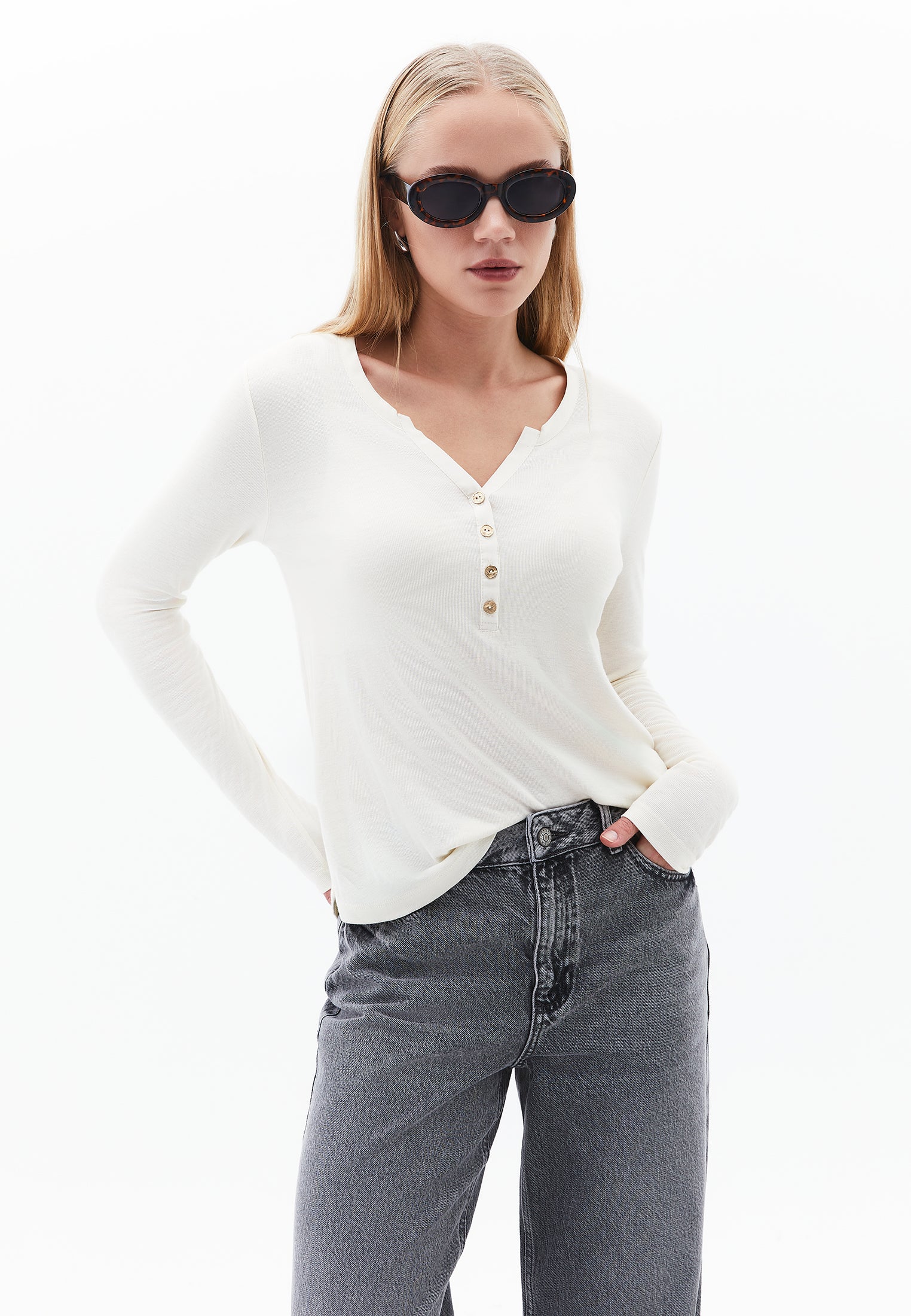 Polo Collar Buttoned T-Shirt - TURTLEDOVE